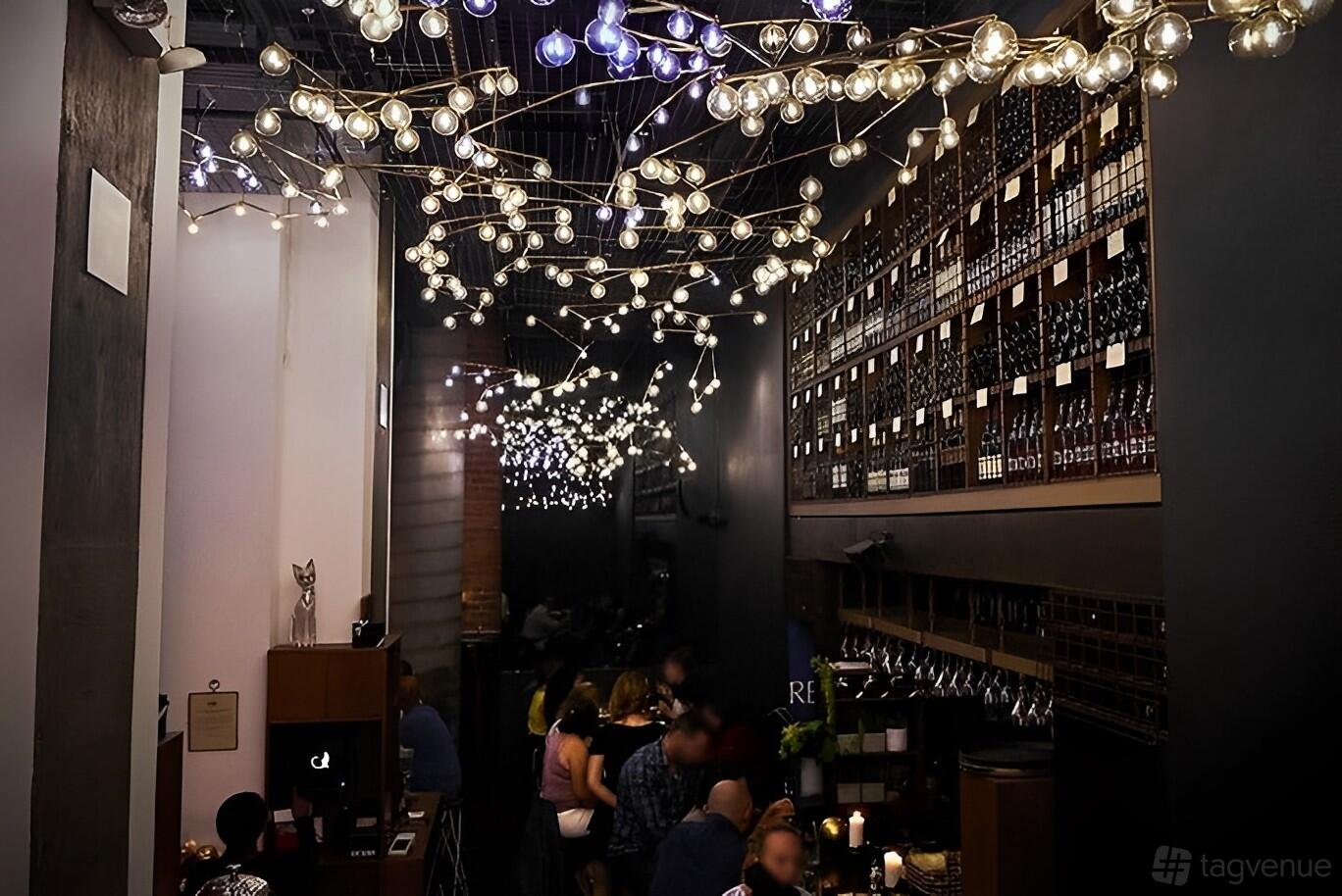 A bar with shelves of wine bottles, low lighting, and decorative string lights overhead at Ayza Wine & Chocolate Bar.