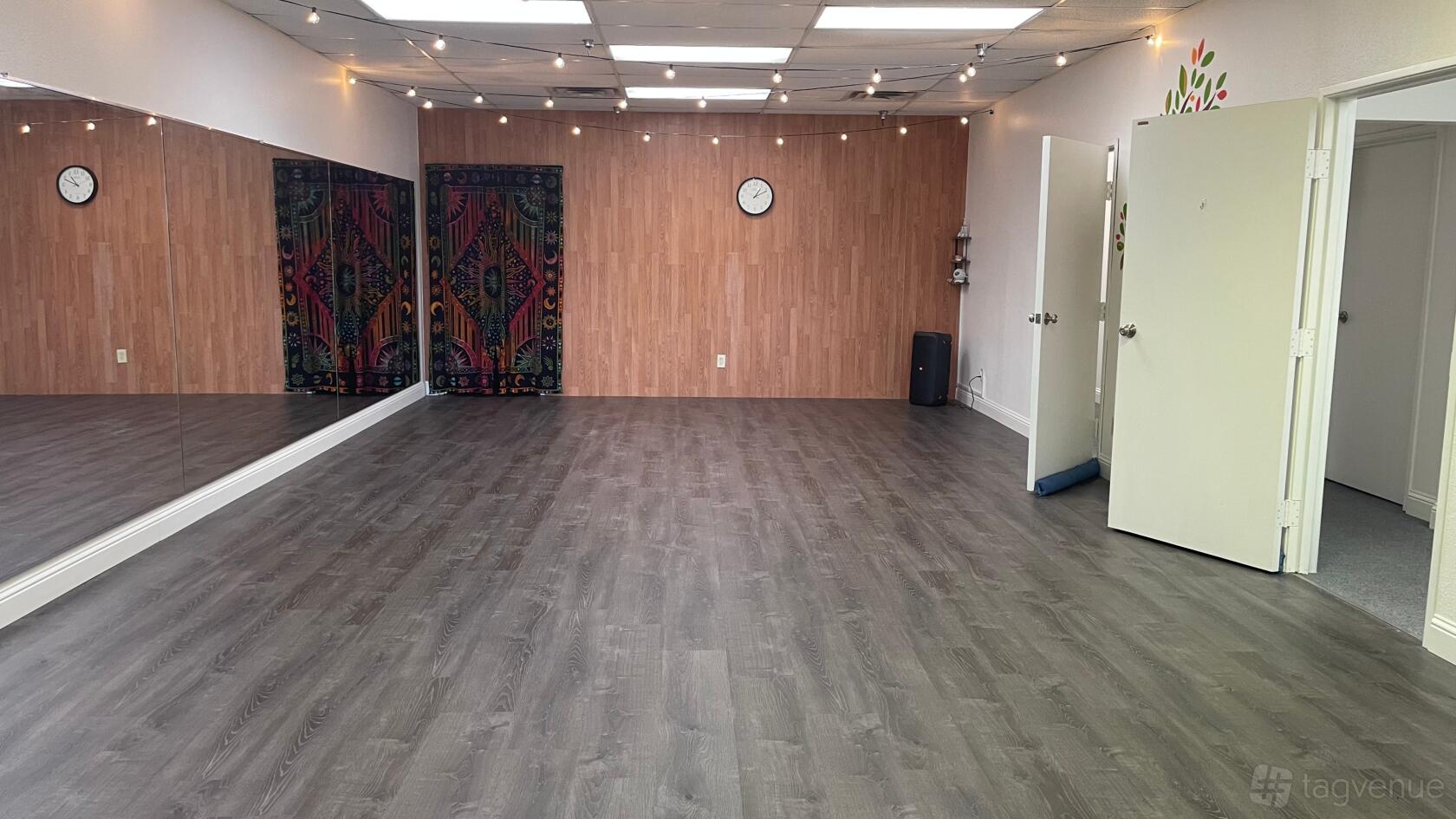 A yoga and Pilates studio with wood-paneled walls, large wall mirrors, string lighting, and vinyl flooring at Wanda's Studio.