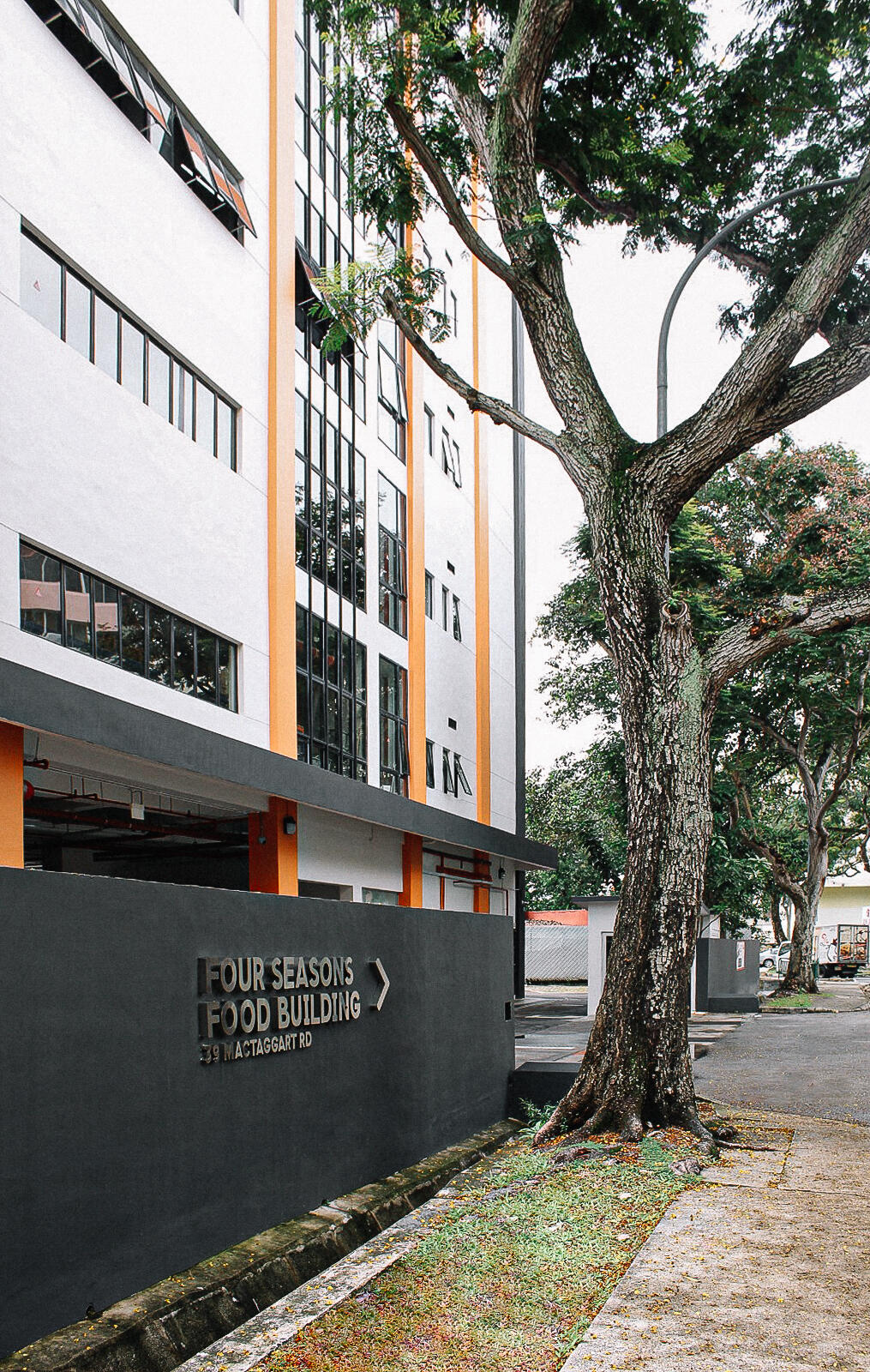 A versatile event space with large windows, orange and white exterior walls, and a prominent tree at The Outset.