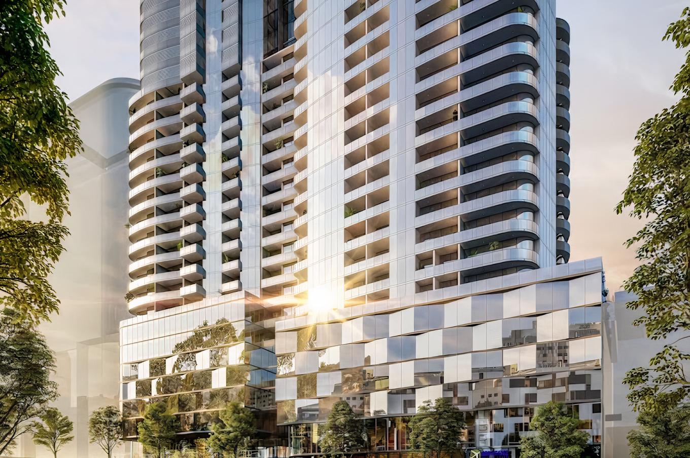 A coworking space with a reflective glass facade and high-rise architecture at Hexa Space Coworking.