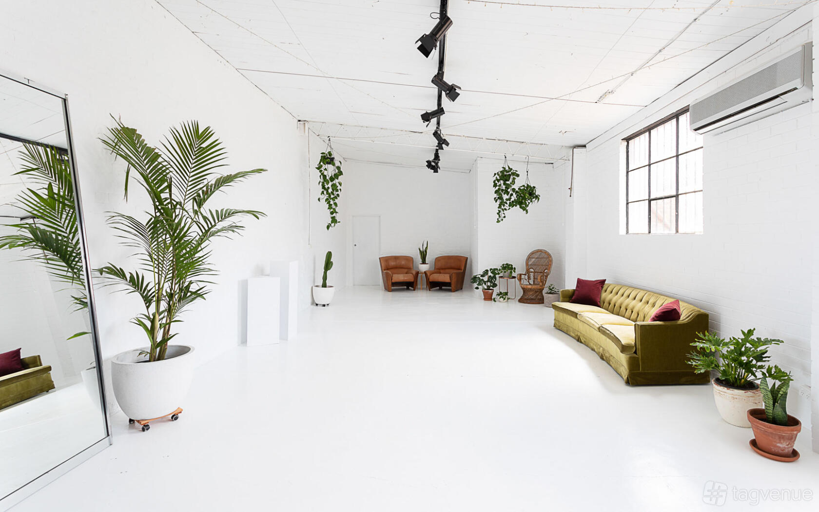 A photo studio with white walls, large windows, green plants, a velvet sofa, and accent chairs at Blondes Garage.