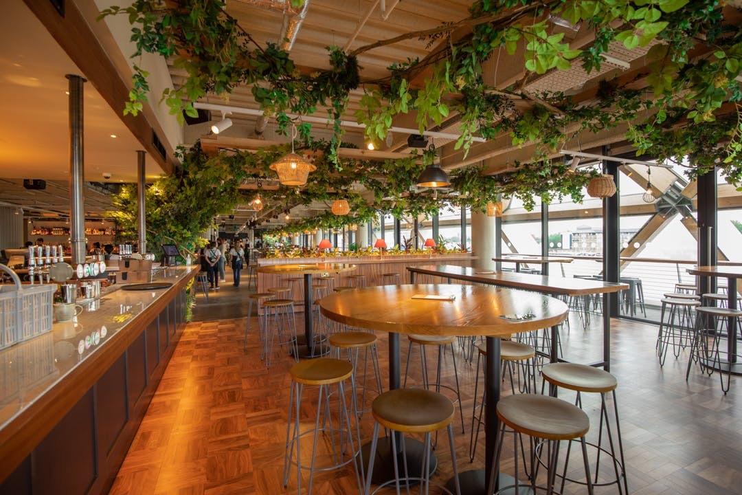 A bar with hanging greenery, large windows, and high wooden tables with stools at Pergola on The Wharf.