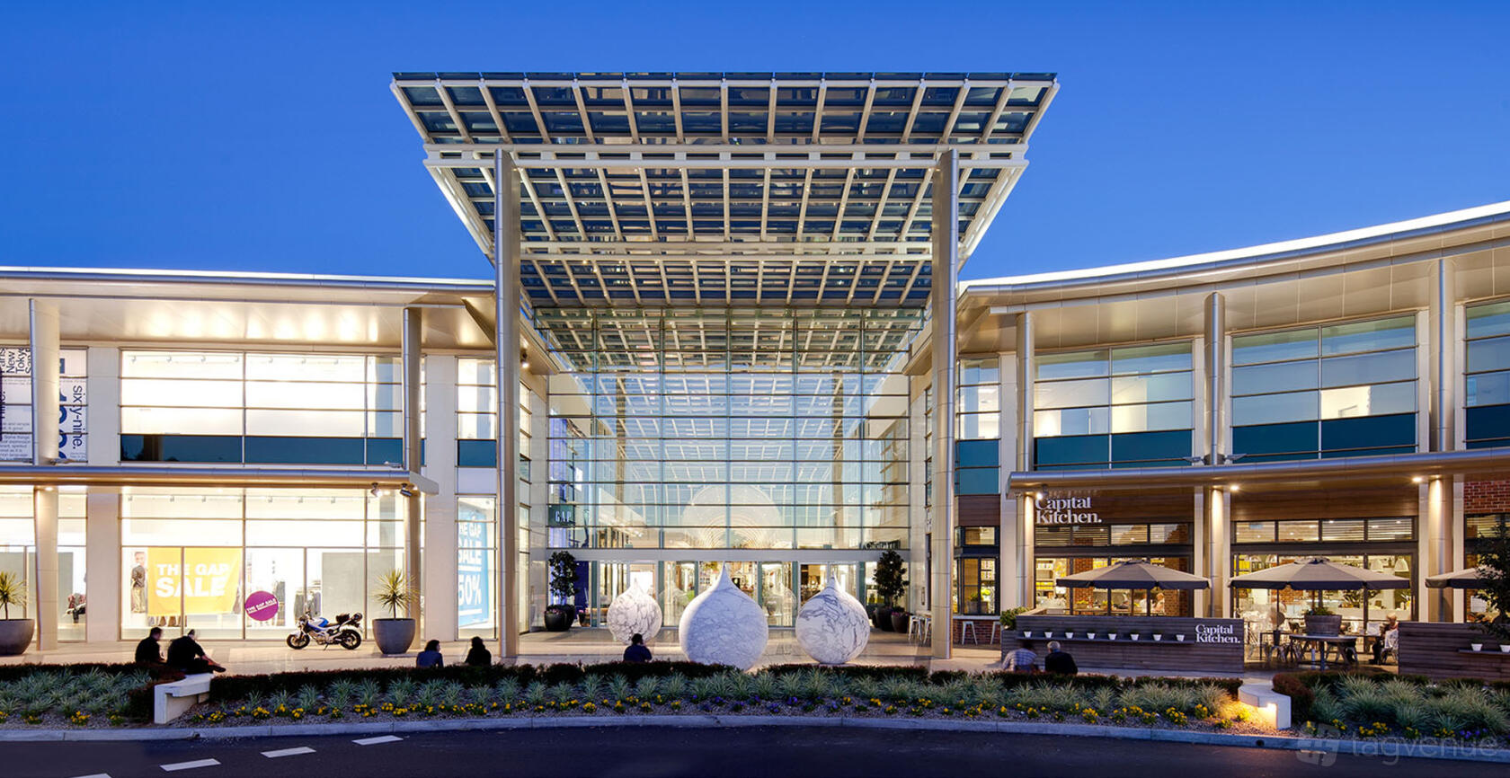 A meeting centre with a glass facade and covered entrance at Waterman at Chadstone.
