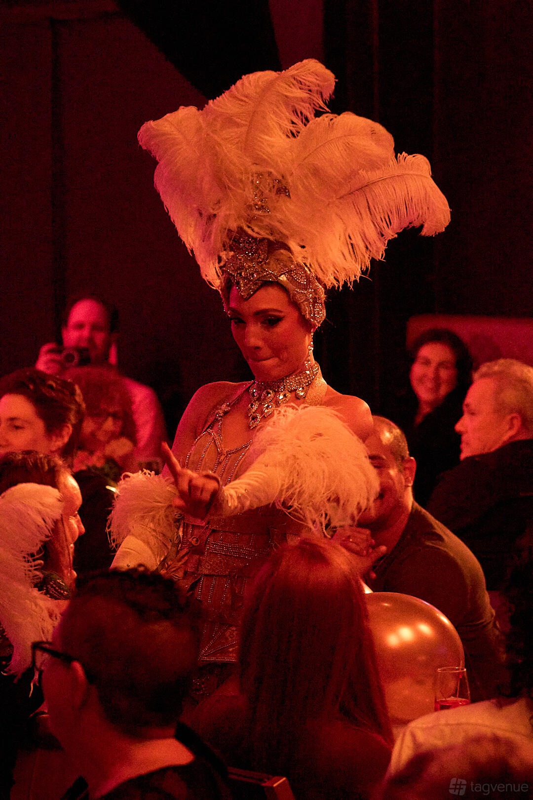 A restaurant with cabaret entertainment featuring a performer in feathered costume at Two80 Cabaret
