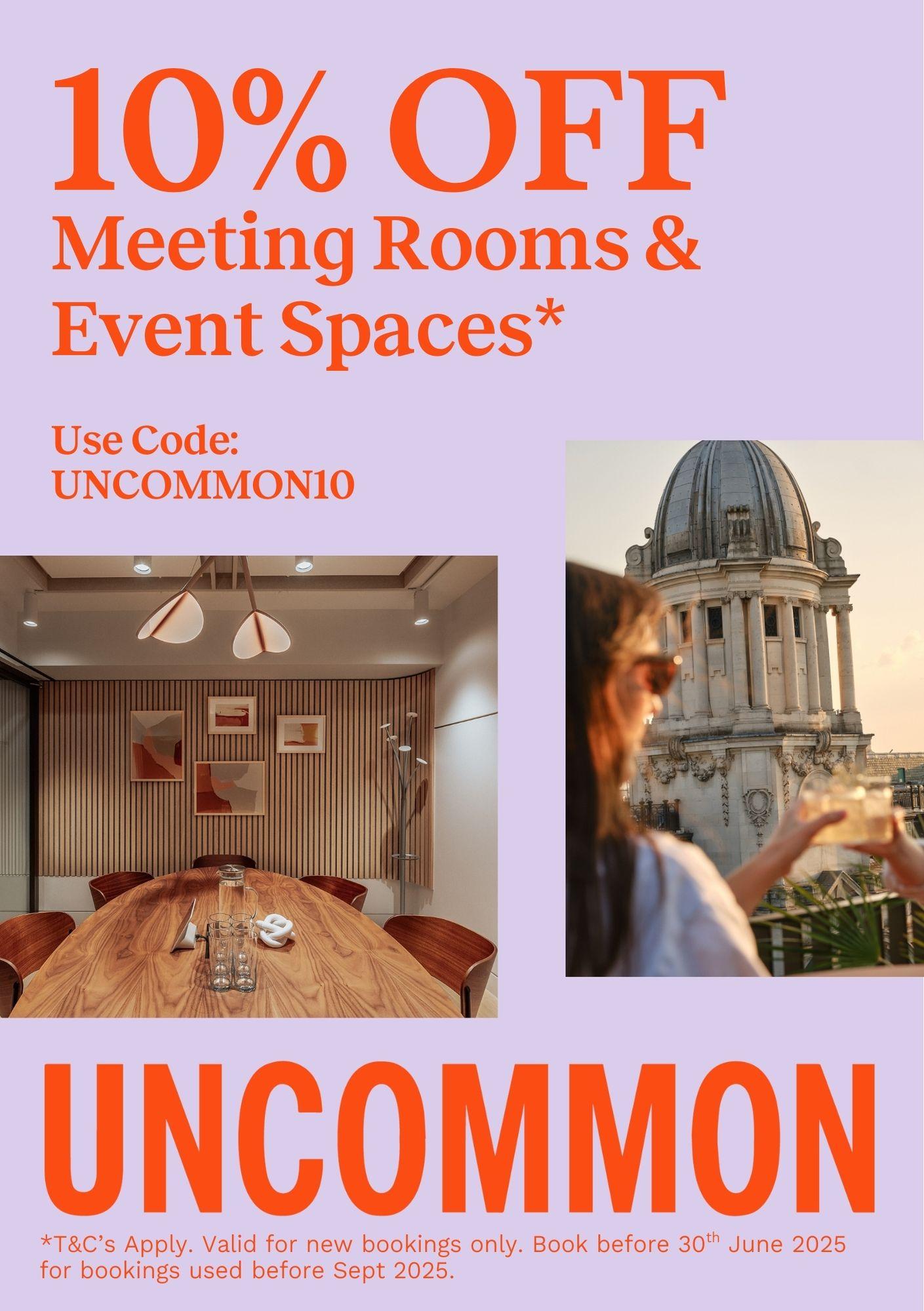 A meeting room with a wooden table, mid-century chairs, pendant lights, and decorative wall panels at Uncommon Liverpool Street.