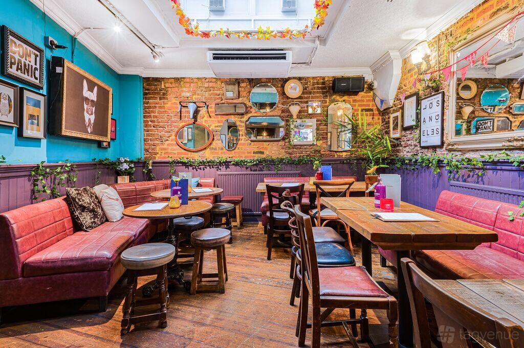A function room in a pub with exposed brick walls, skylight, eclectic mirrors, and leather banquette seating at The Bull.