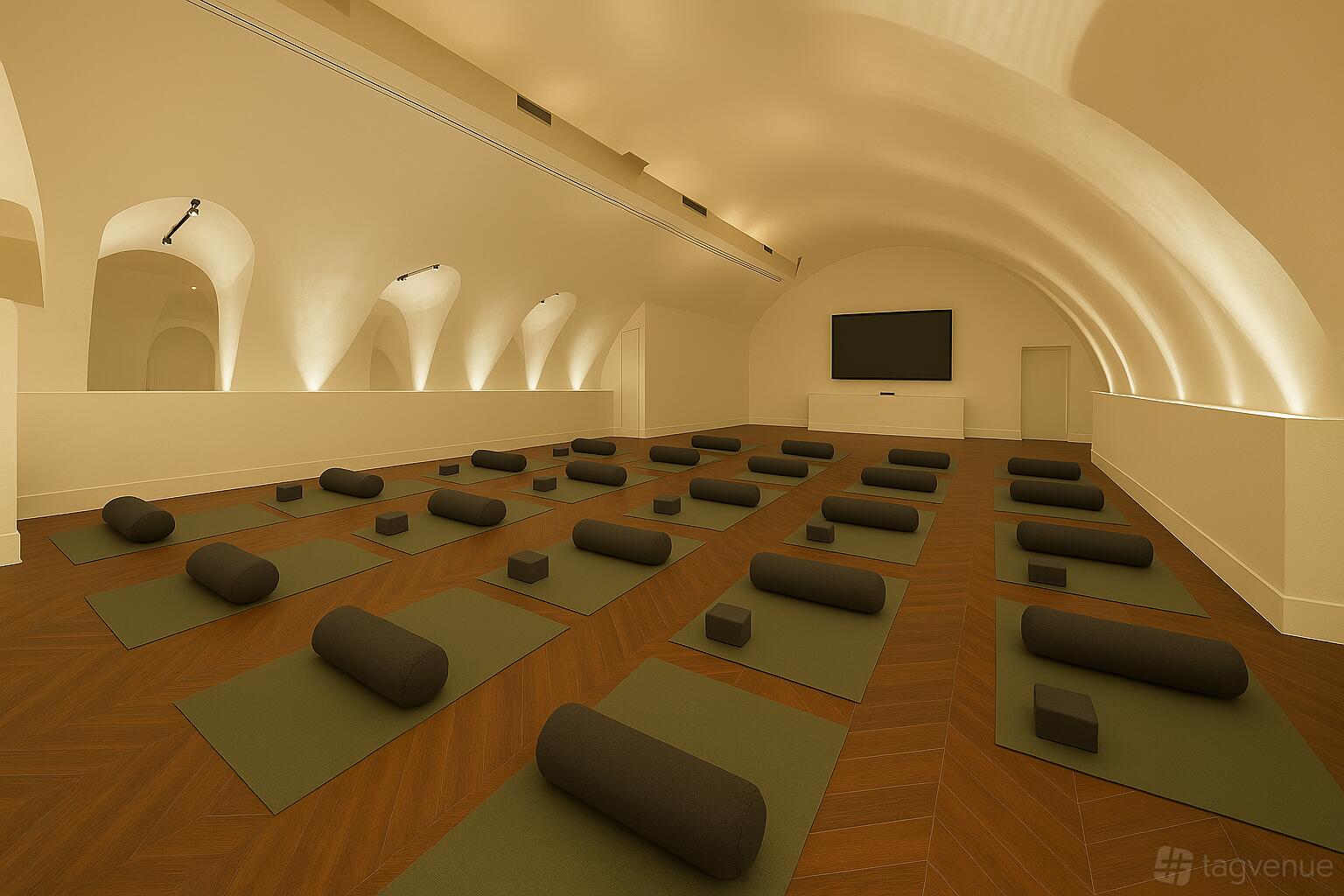 An event venue with arched ceilings, uplighting, and yoga mats arranged on wooden floors at Adam House Event Space.