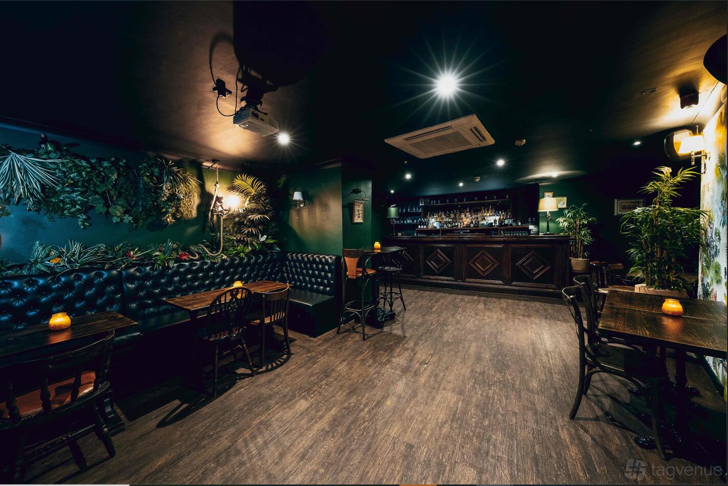 A cocktail bar with dark wood floors, leather banquette seating, leafy wall decor, and a stocked back bar at The Maven.