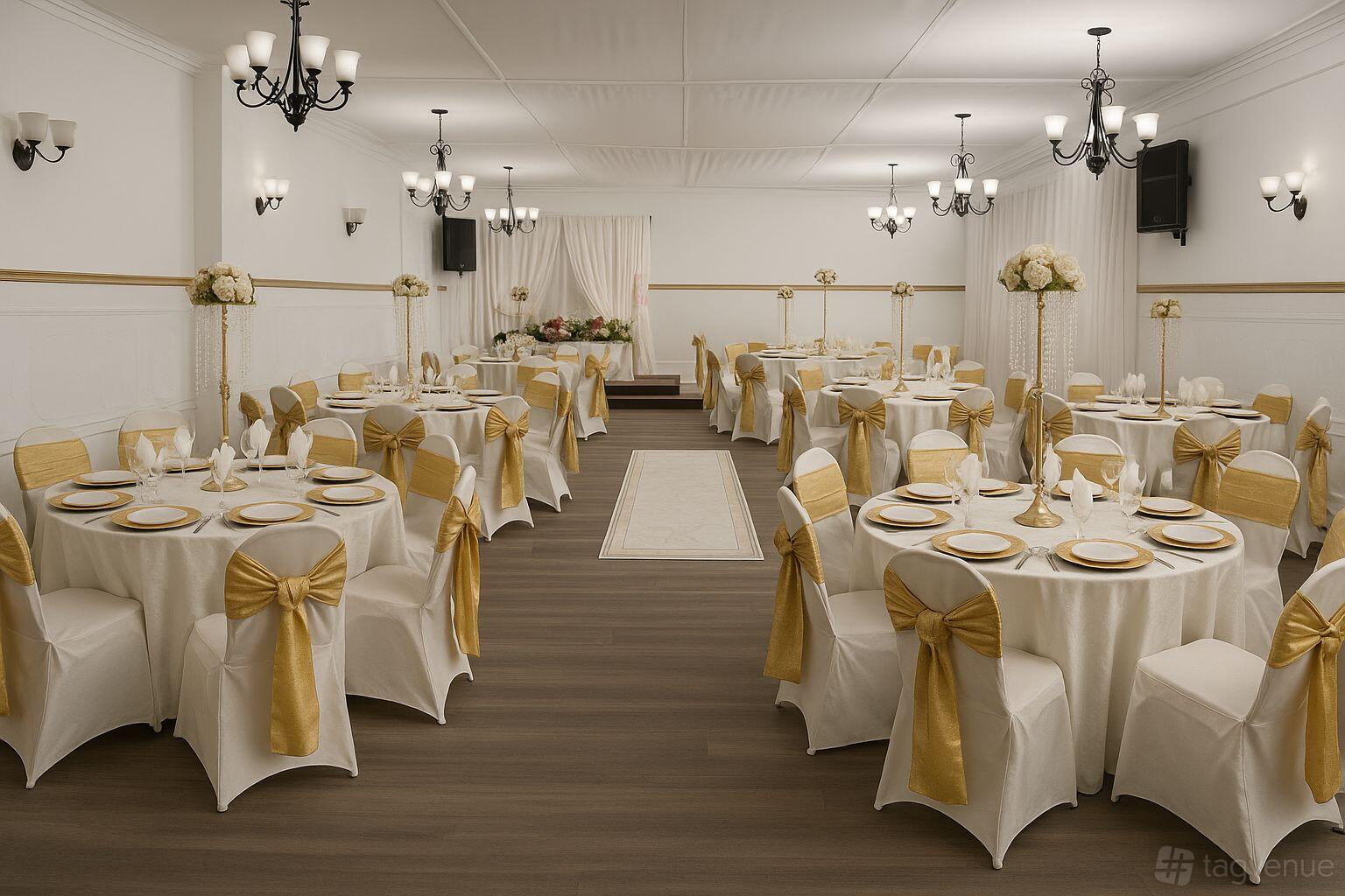 A hall with round tables dressed in white linens and gold chair sashes, chandeliers, and floral centerpieces at Manzah Diafa.