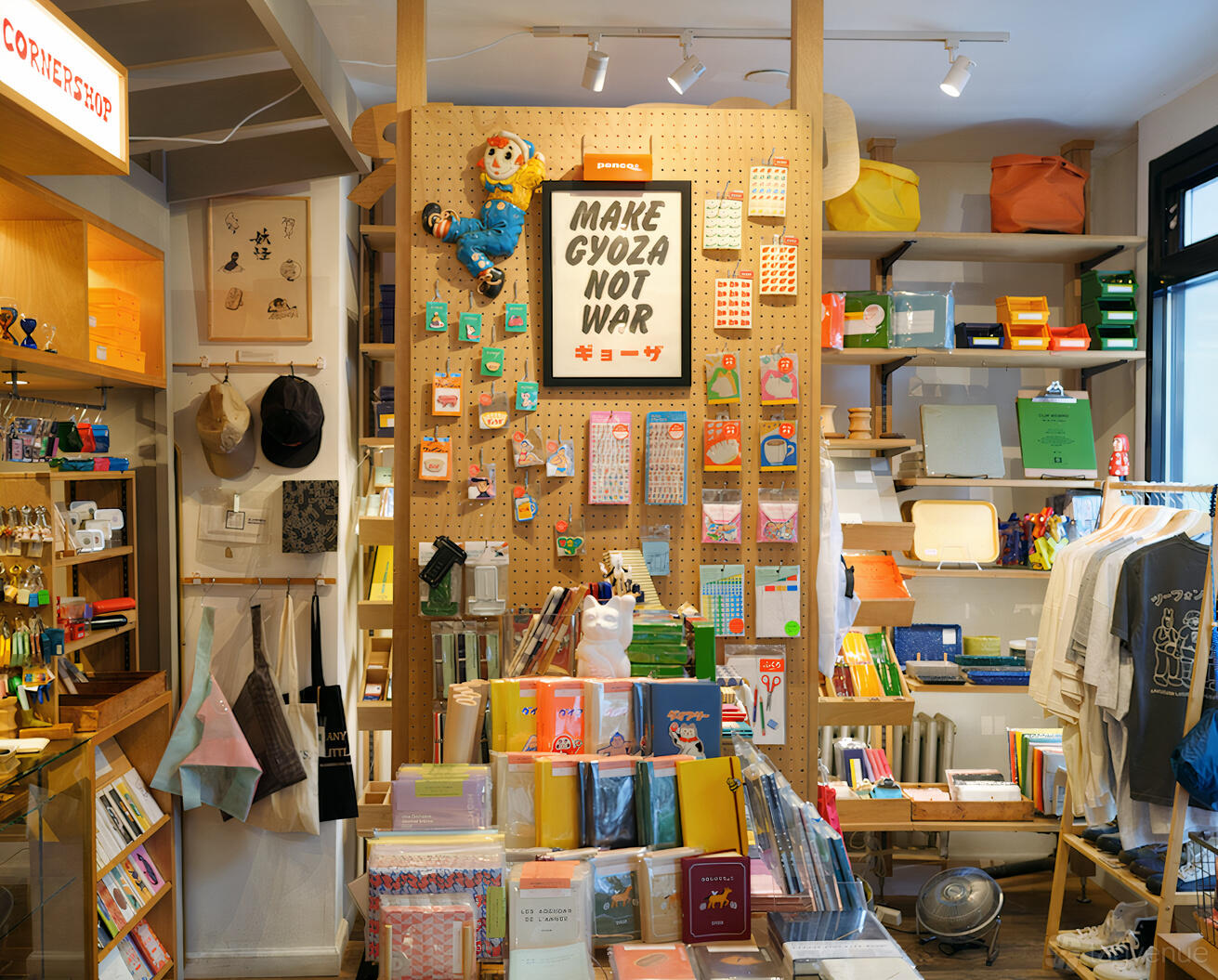 A pop up shop with colorful stationery, pegboard displays, and decorative shelving at THE MOSS & GREEN.