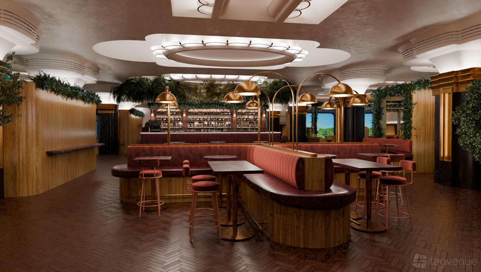 An event venue with curved banquettes, gold pendant lighting, and a central bar backed by greenery at Clays Soho.