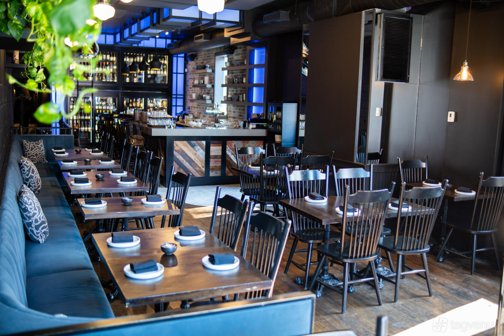 A dining room with wooden tables, black chairs, and wall-length banquette seating at Alebrije.
