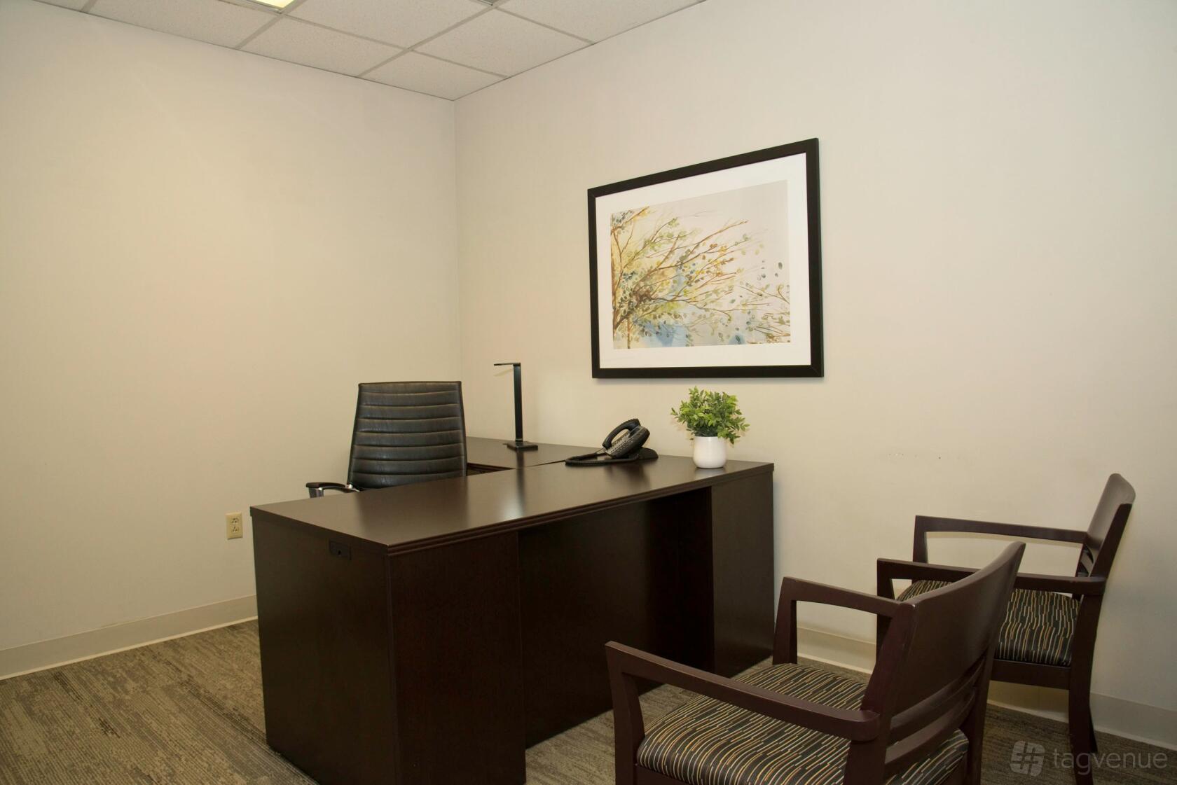 A meeting room with a dark wood desk, two guest chairs, and framed wall art at American Executive Centers - Plymouth.