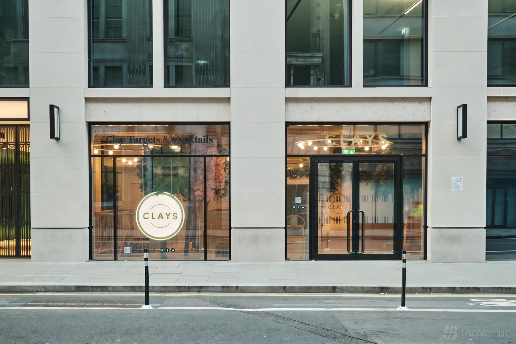 A modern versatile event space with large glass windows and Clays Soho signage on a city street frontage.