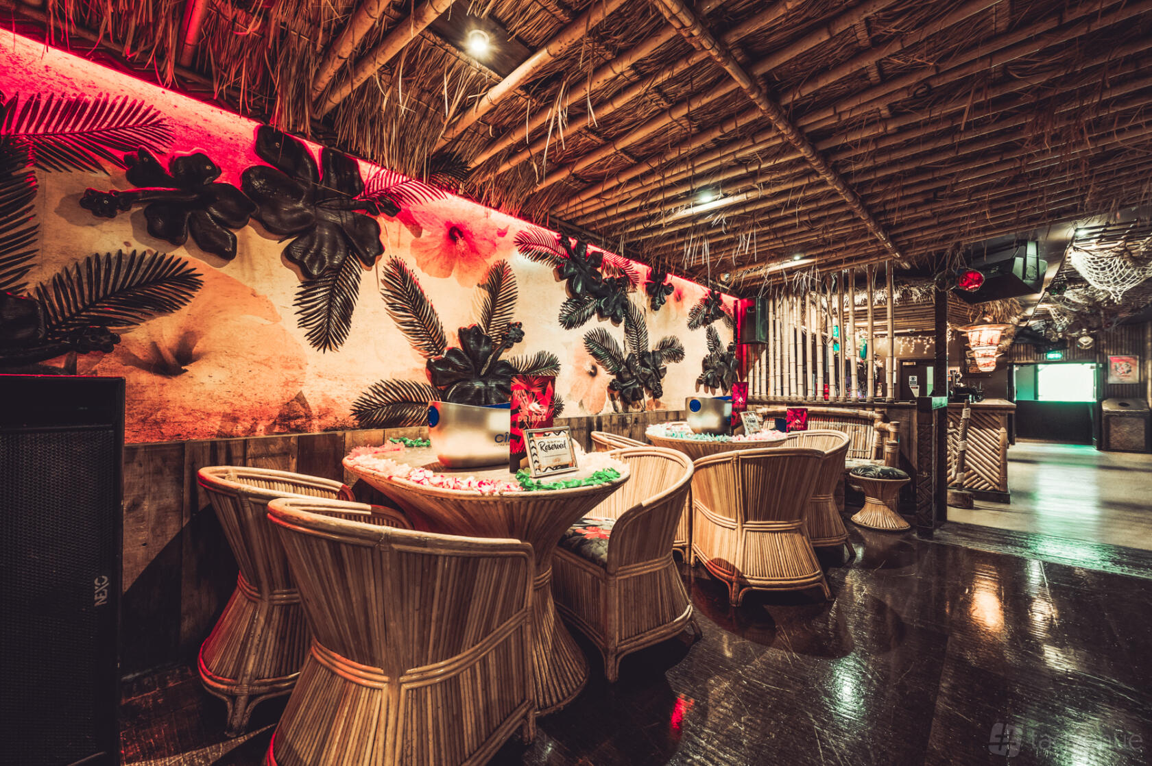 A nightclub with rattan chairs, floral wall art, and a thatched ceiling at Lola Lo Reading.