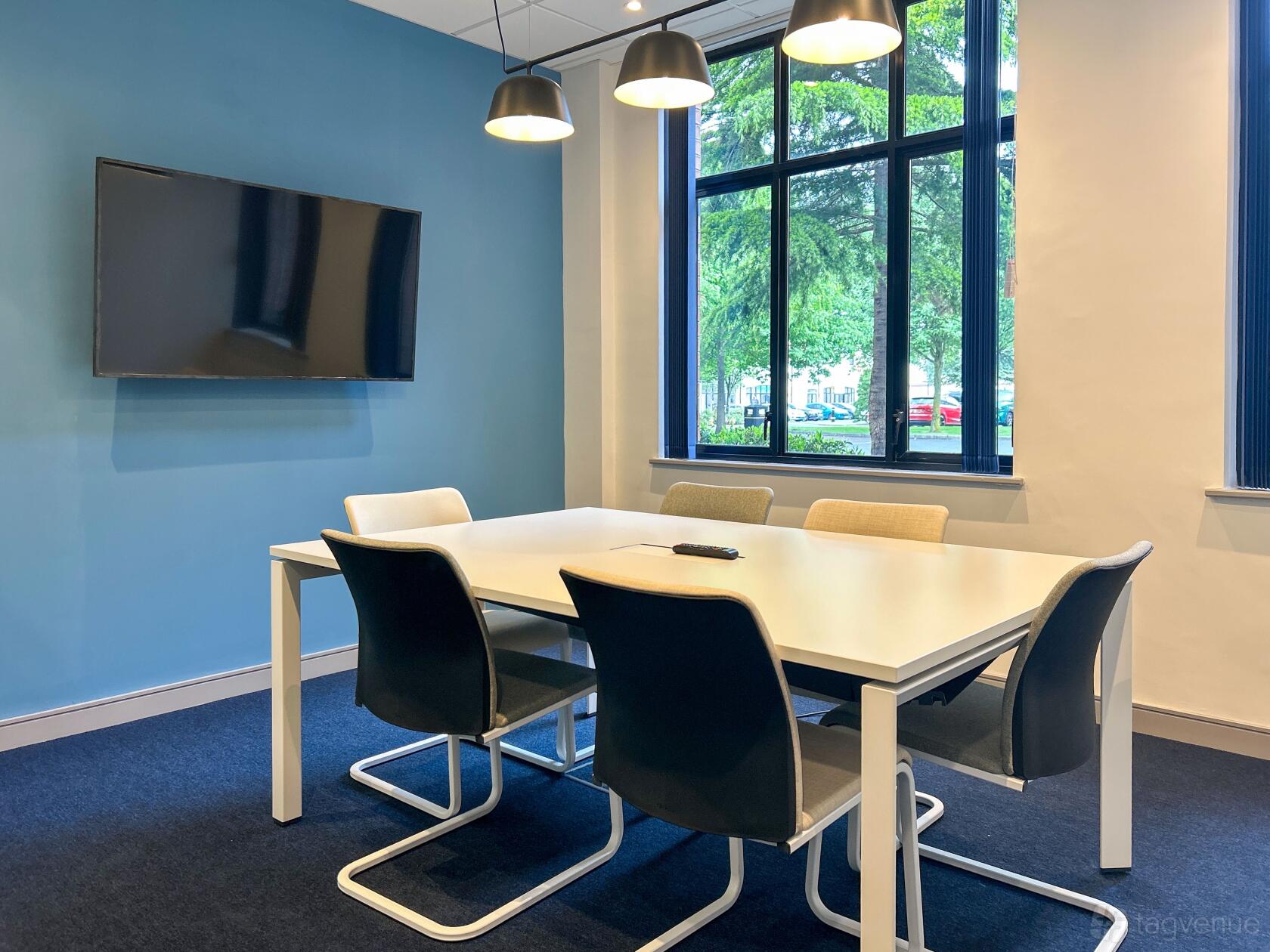 A meeting room with a rectangular table, six chairs, wall-mounted TV, and large window at Regus - Weavers Court.