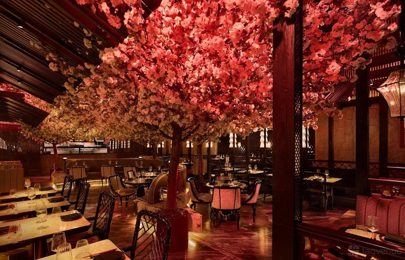 A restaurant with cherry blossom trees, warm lighting, and elegant dining tables at TATTU London.