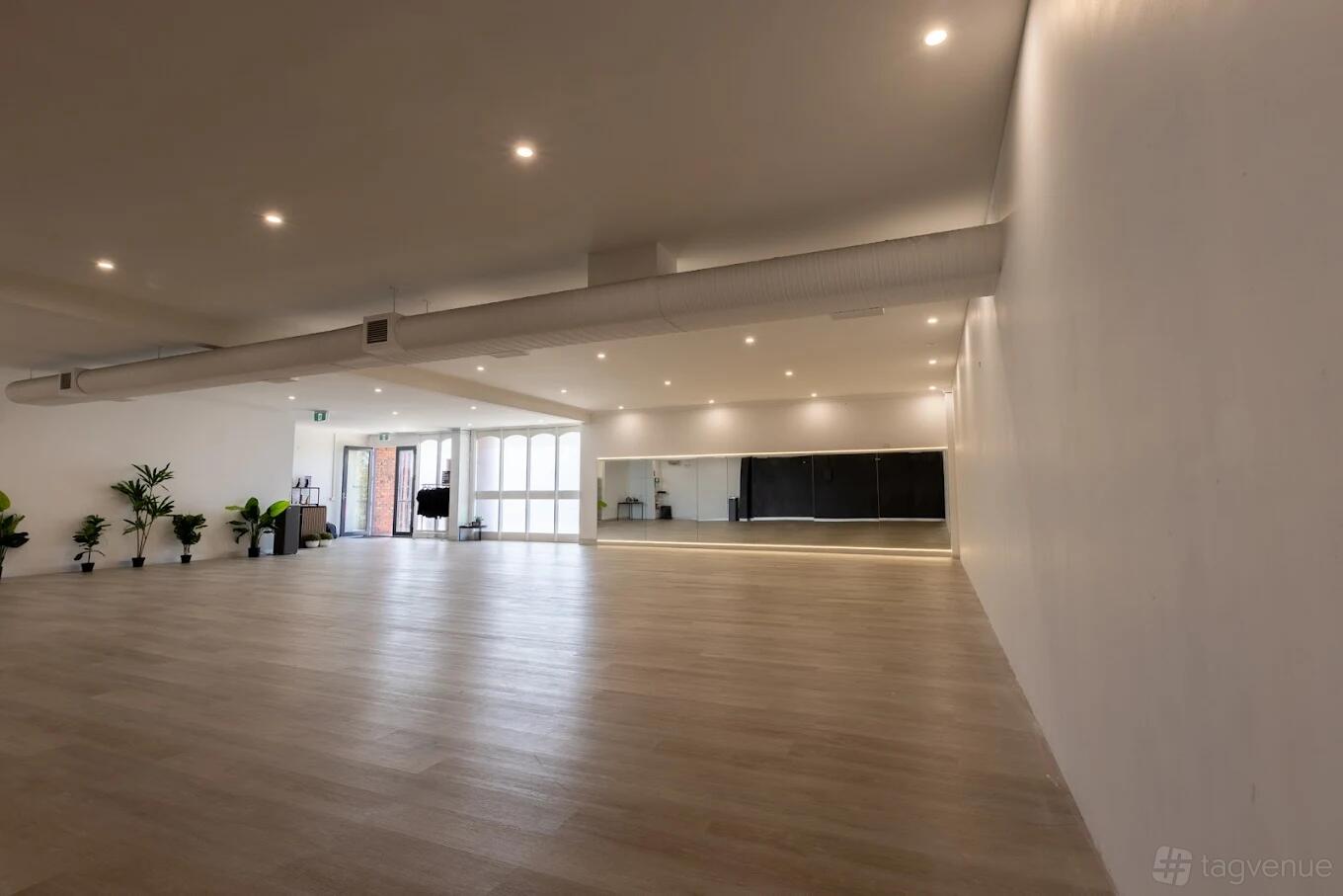 A dance studio with wood floors, mirrored wall, ceiling lights, and potted plants at Pulse Studios AU.