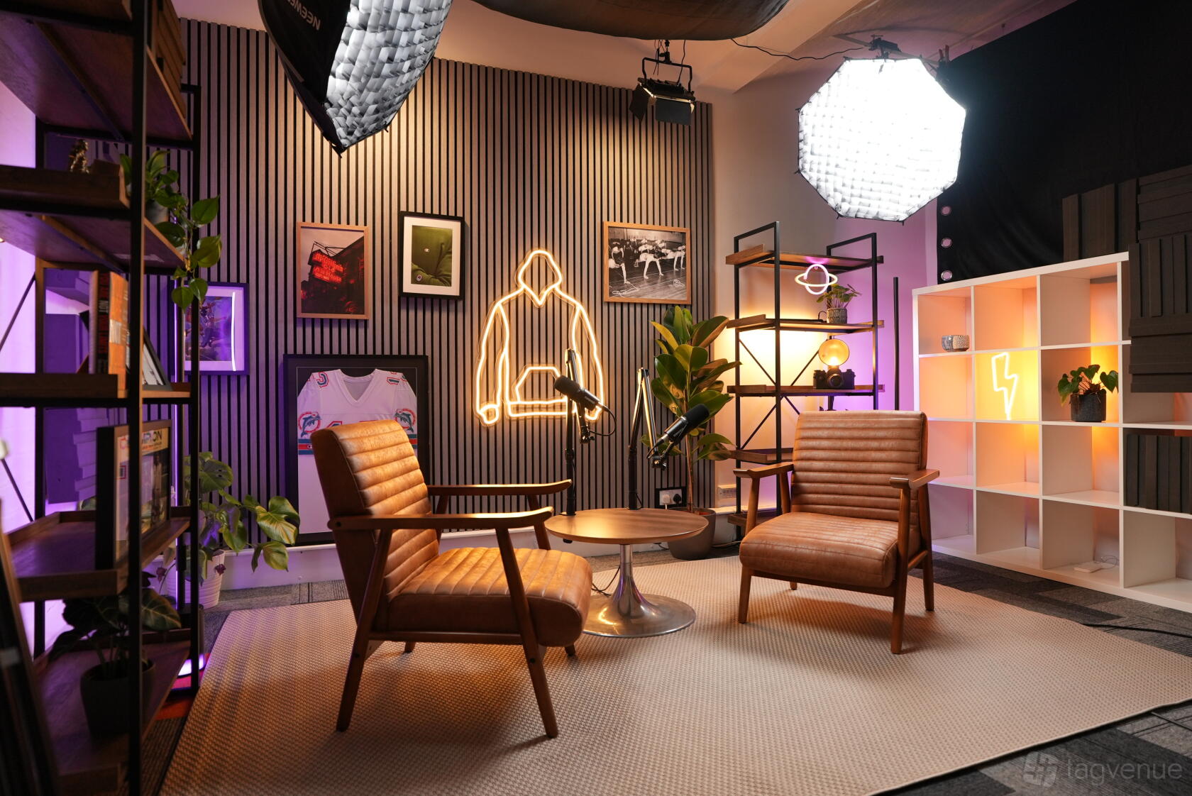 South Manchester Podcast Studio Studio 1 with chairs, microphones and lighting