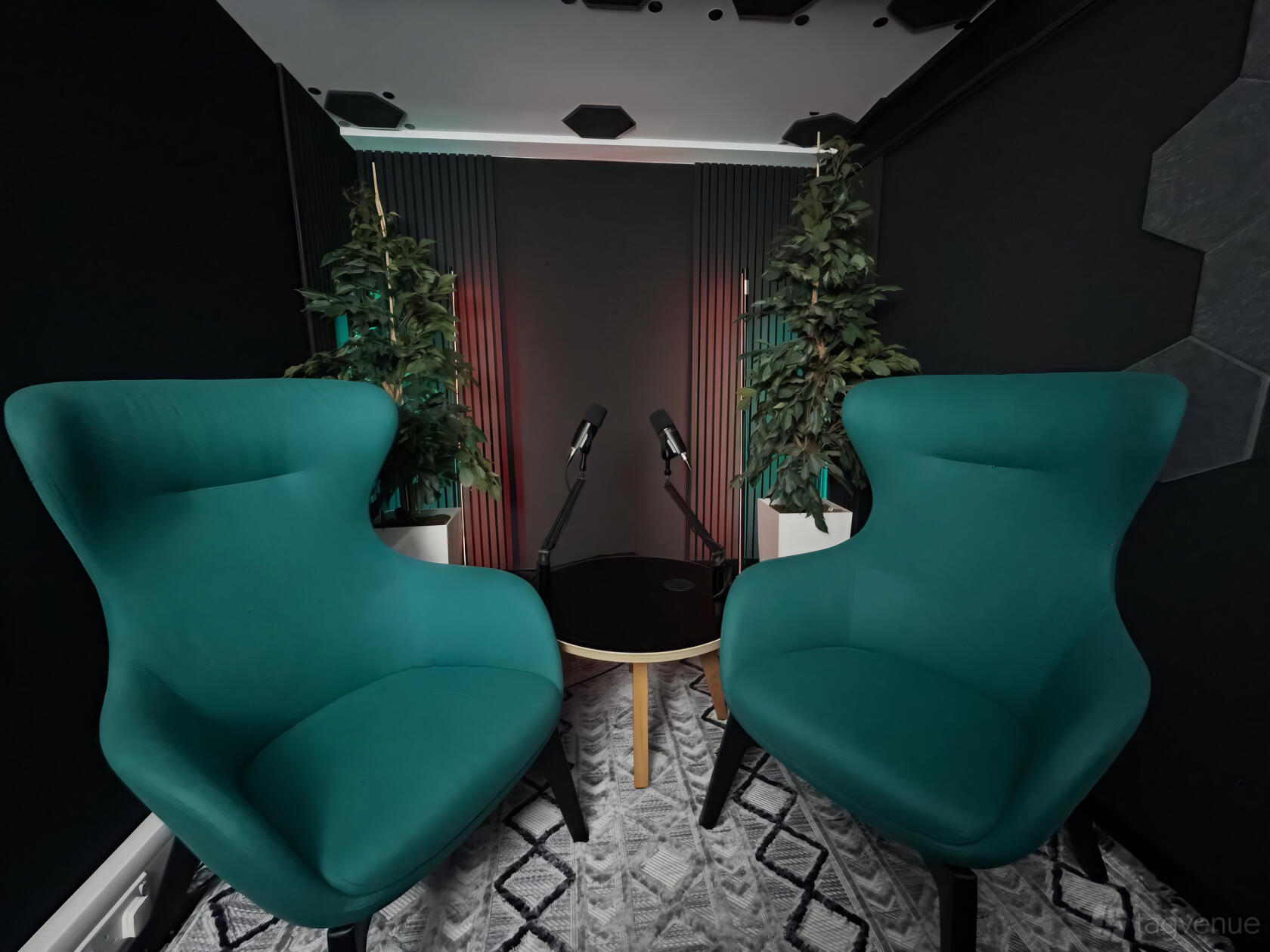 SpacePod Cardiff set with armchairs, microphones and acoustic panels