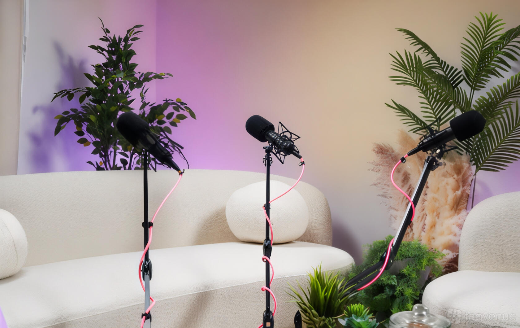 A podcast studio with plush white sofas, microphones on stands, and potted plants at The Pod Room.