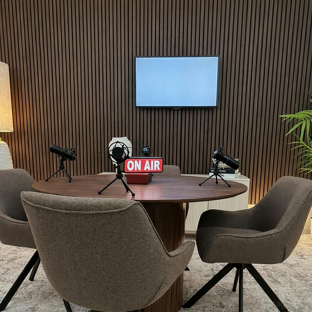Drop The Mic podcast studio with teal and yellow set