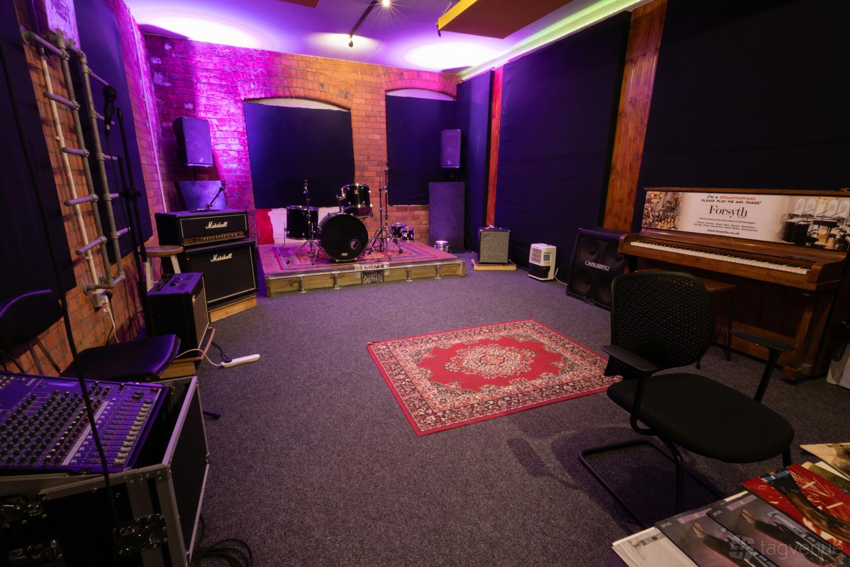 Studio 1 at Habitat Studios showing the drum kit and professional setup