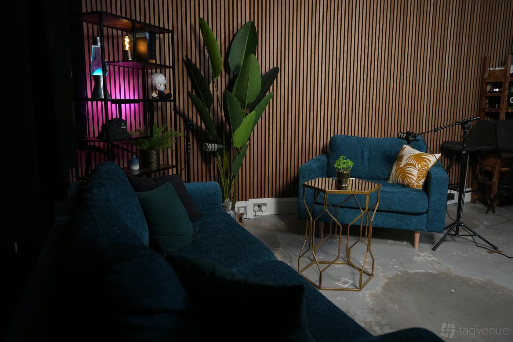 A podcast studio setup with a blue sofa and armchair, gold geometric side table, microphones, a large potted plant, and wood slat wall at SF Ben - Podcast Studio.