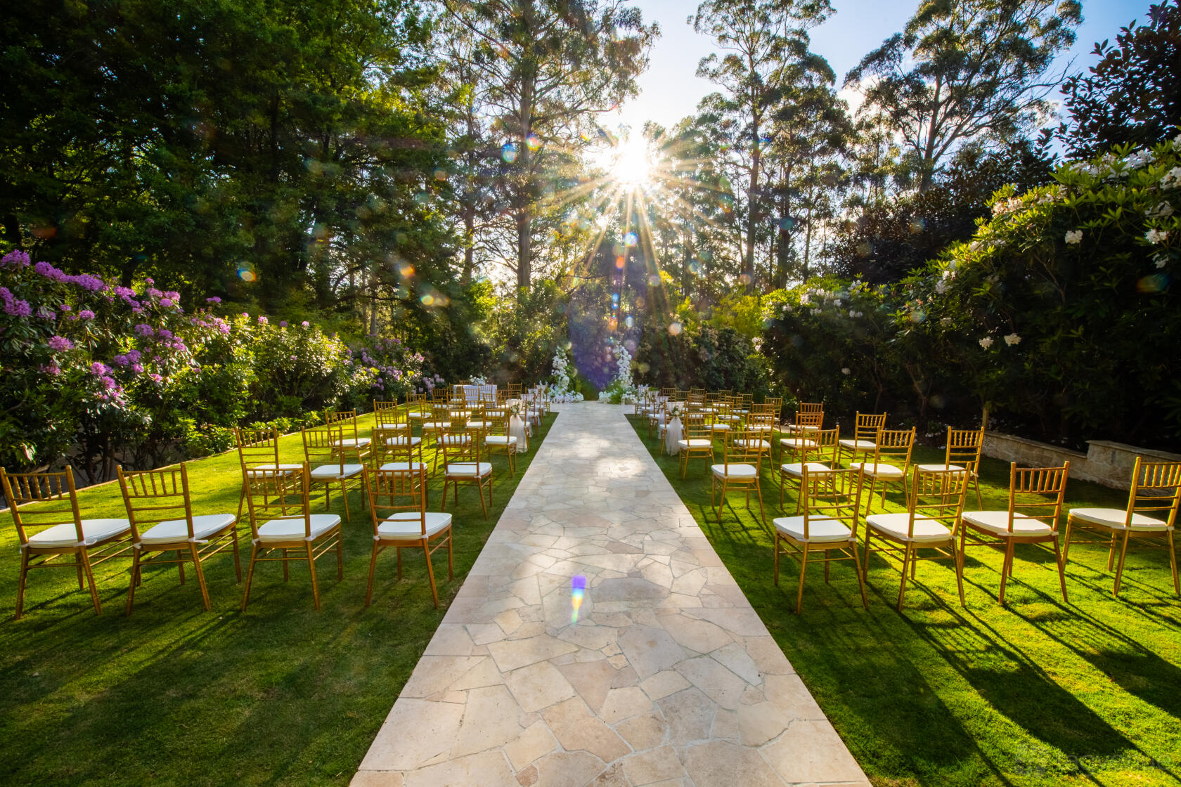 An outdoor event lawn with a stone aisle, gold chairs, and surrounding trees at Olinda Tea House.