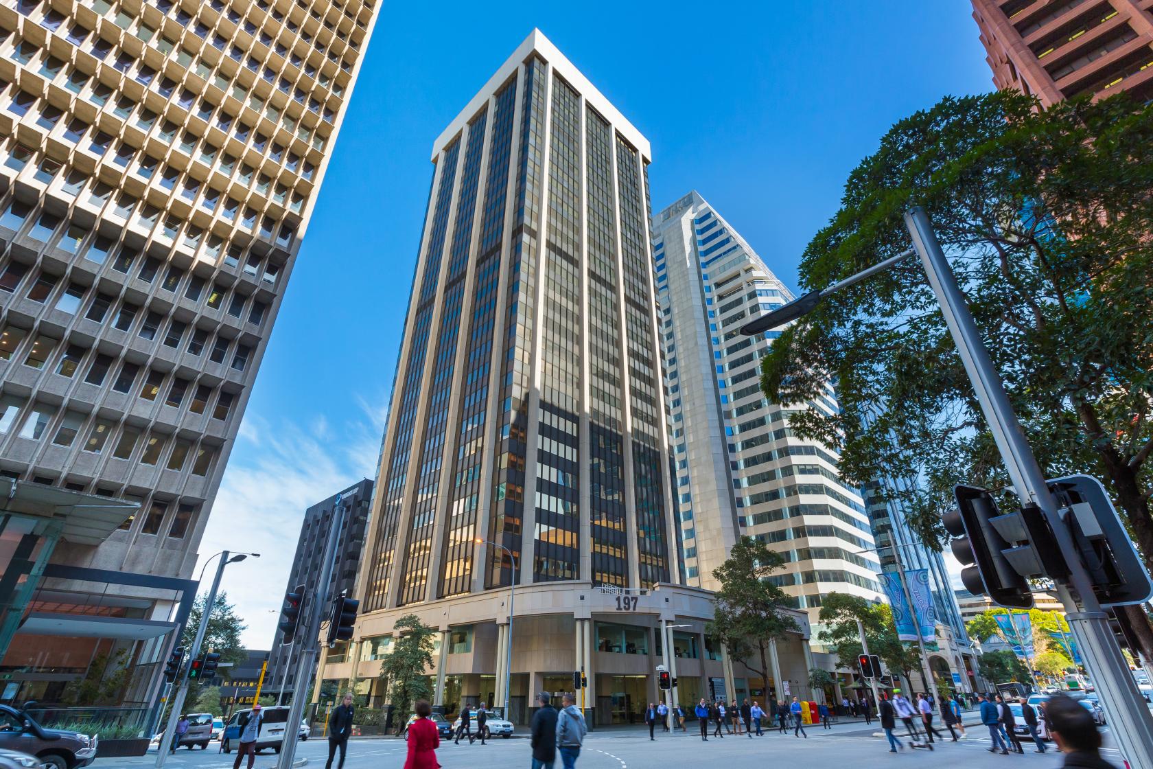 A high-rise coworking space with glass windows and street-level entrance at Liberty 197 St Georges Terrace.