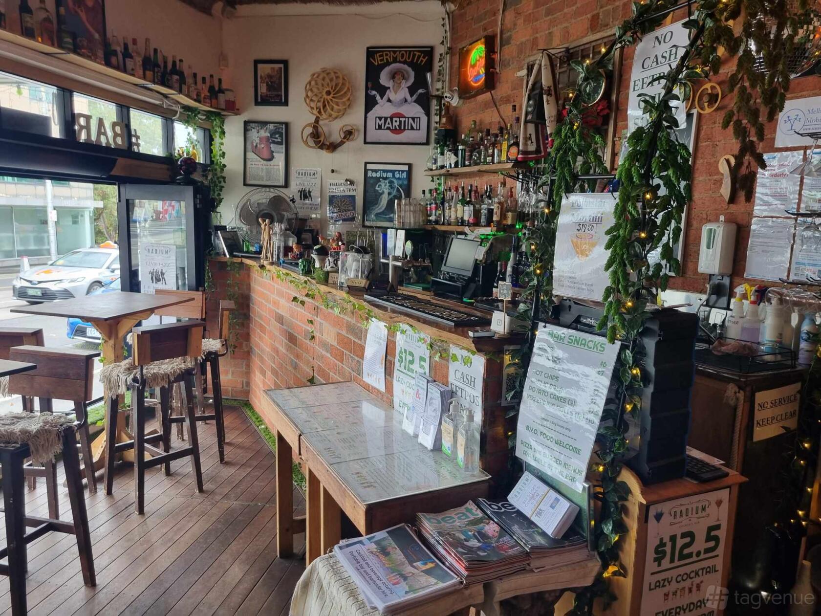 A bar with a brick counter, wooden floors, hanging greenery, and eclectic wall art at Radium Bar.