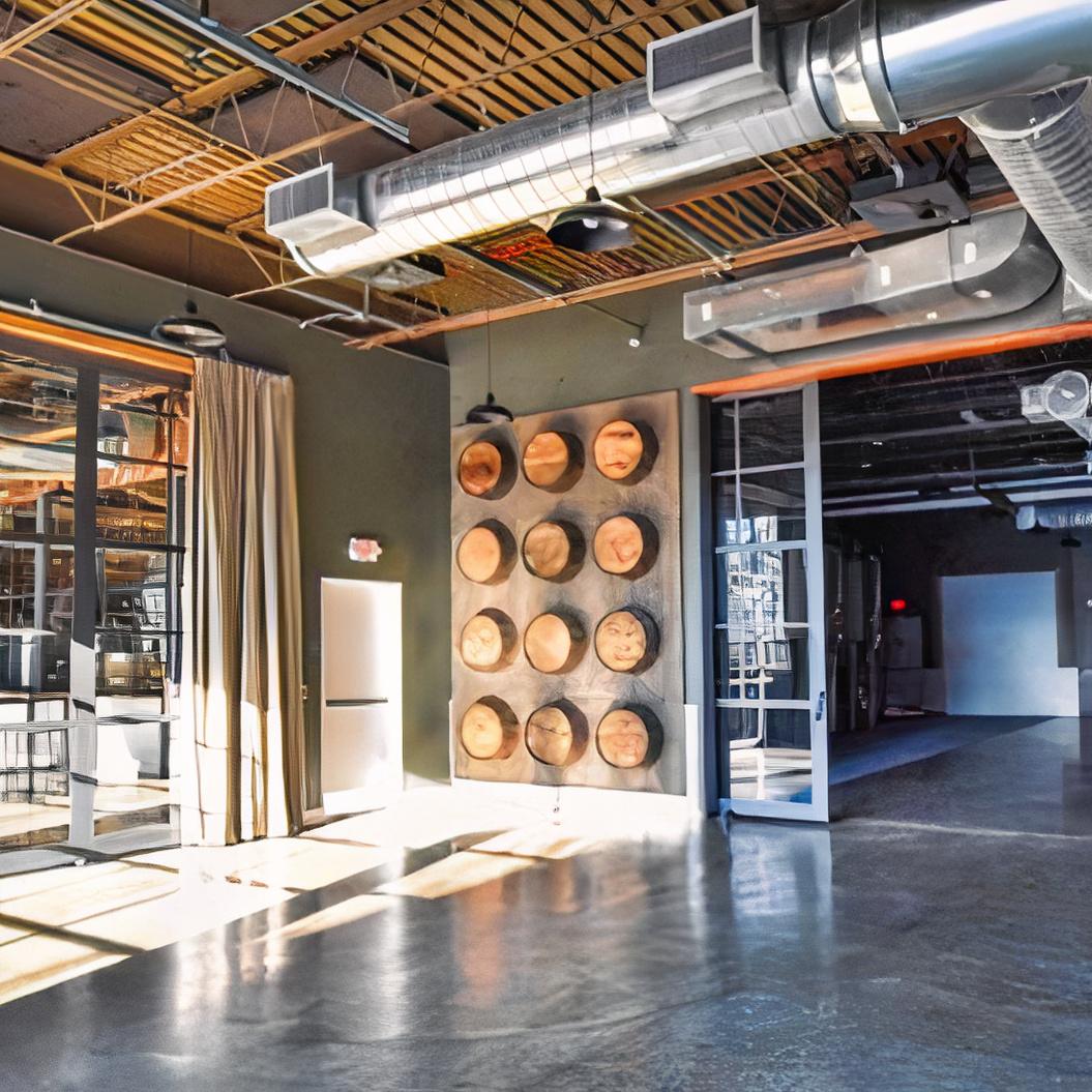 An event venue with large windows, exposed ductwork, and a decorative wall of circular wood panels at Ferus Artisan Ales.