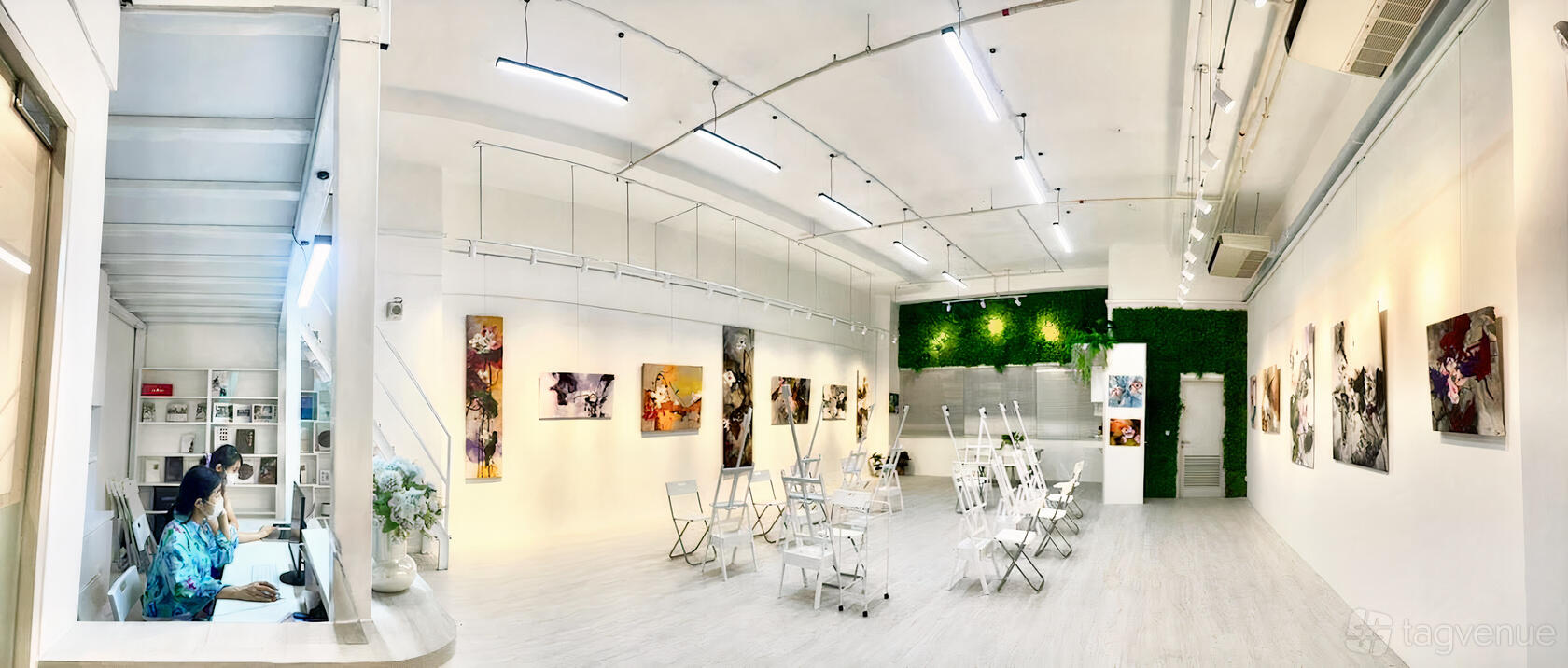 A gallery with white walls, contemporary artwork, folding chairs, and a green plant feature at Visual Art Centre - Macpherson Gallery.