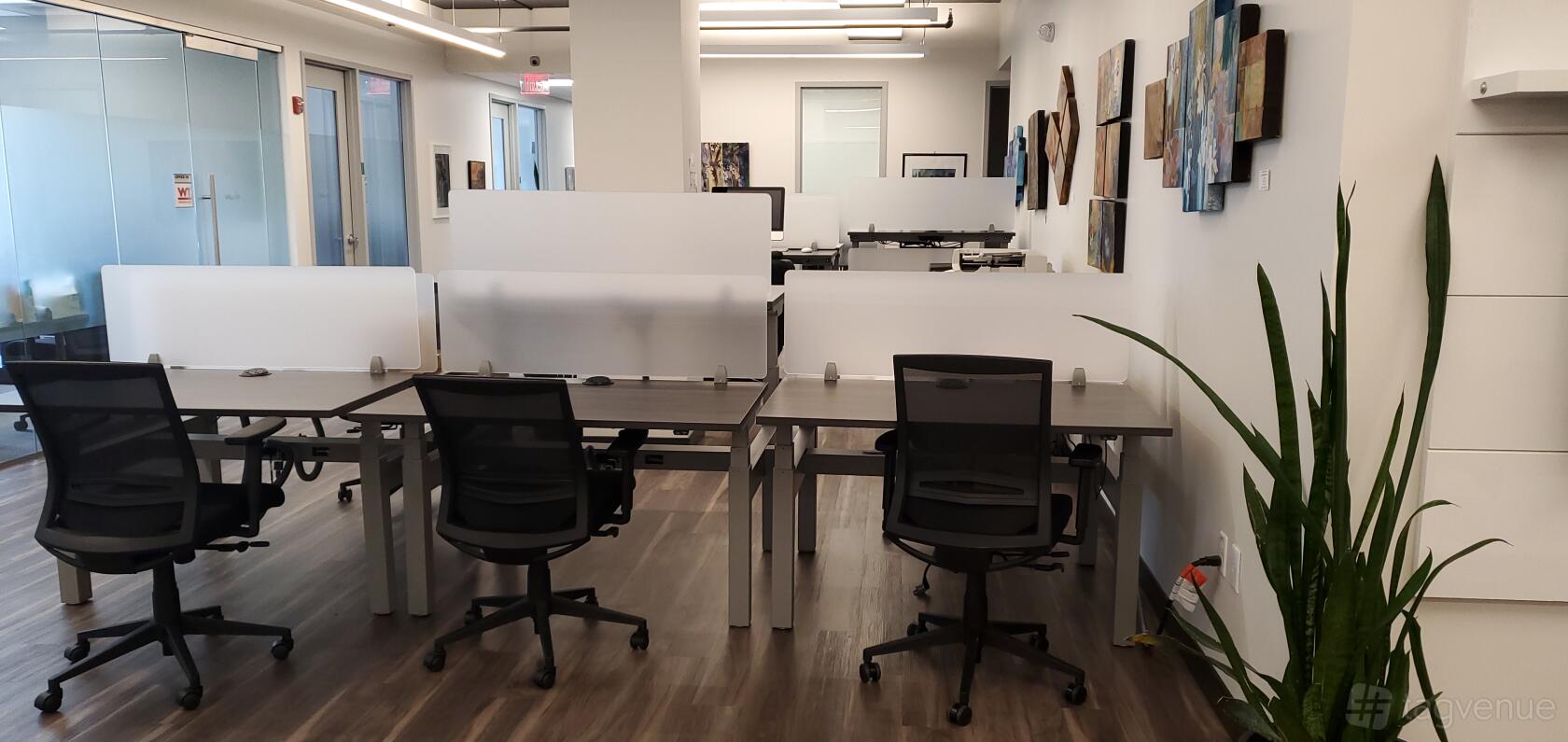 A coworking space with individual desks, ergonomic chairs, frosted desk dividers, and wall art at Capital Workspaces Bethesda.
