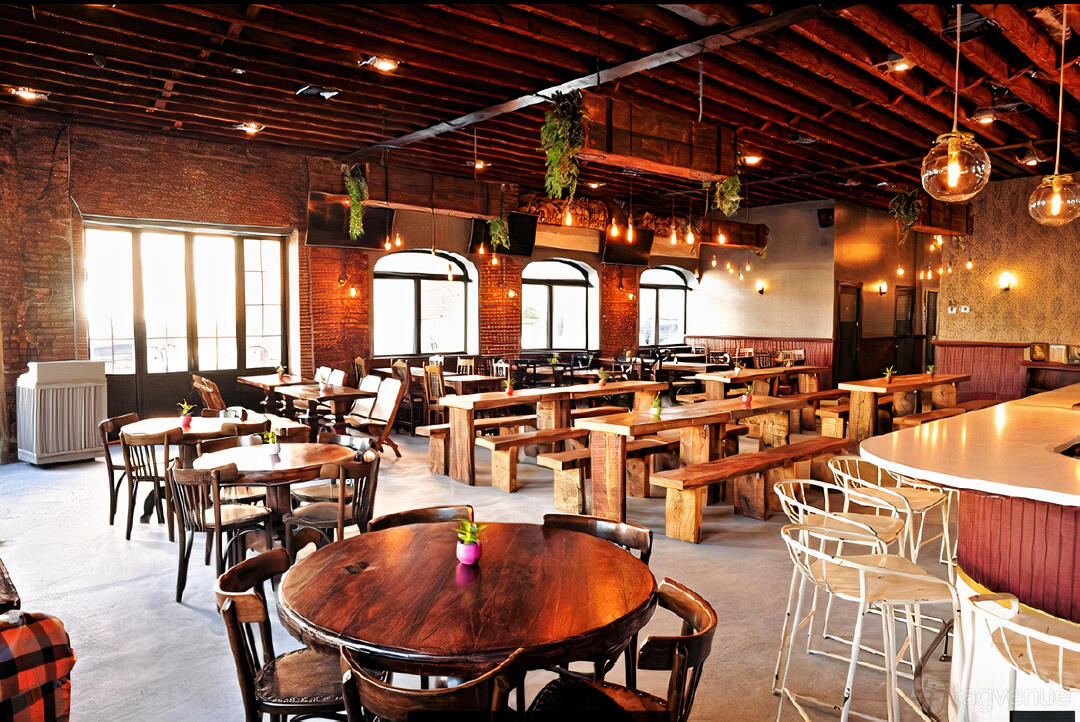 A restaurant with exposed brick walls, wooden tables and benches, and hanging plants at Queens Bully.