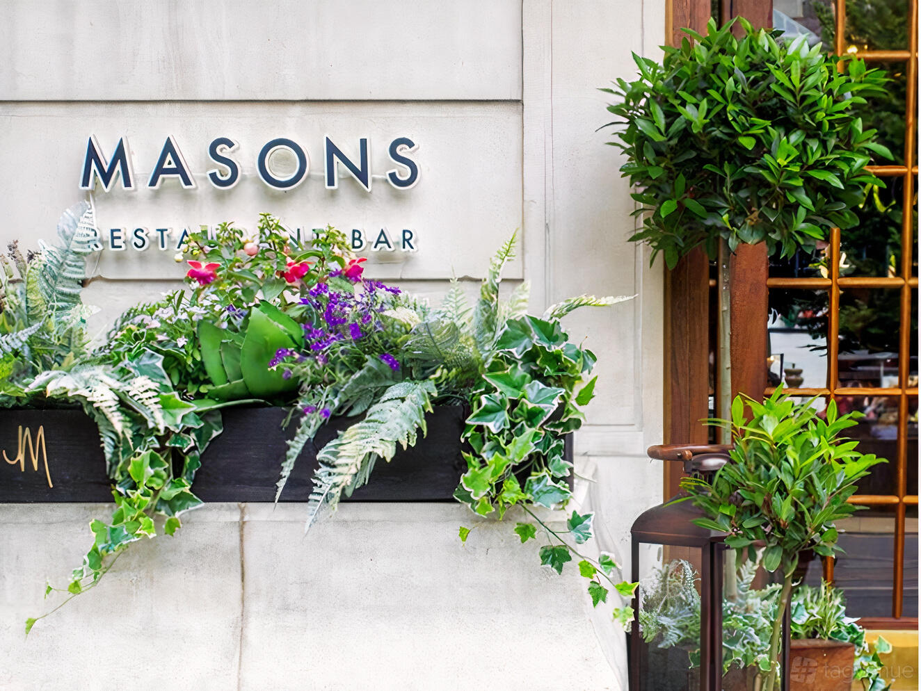 A restaurant exterior with leafy planters, potted trees, and a lantern beside the entrance at Masons Restaurant Bar.