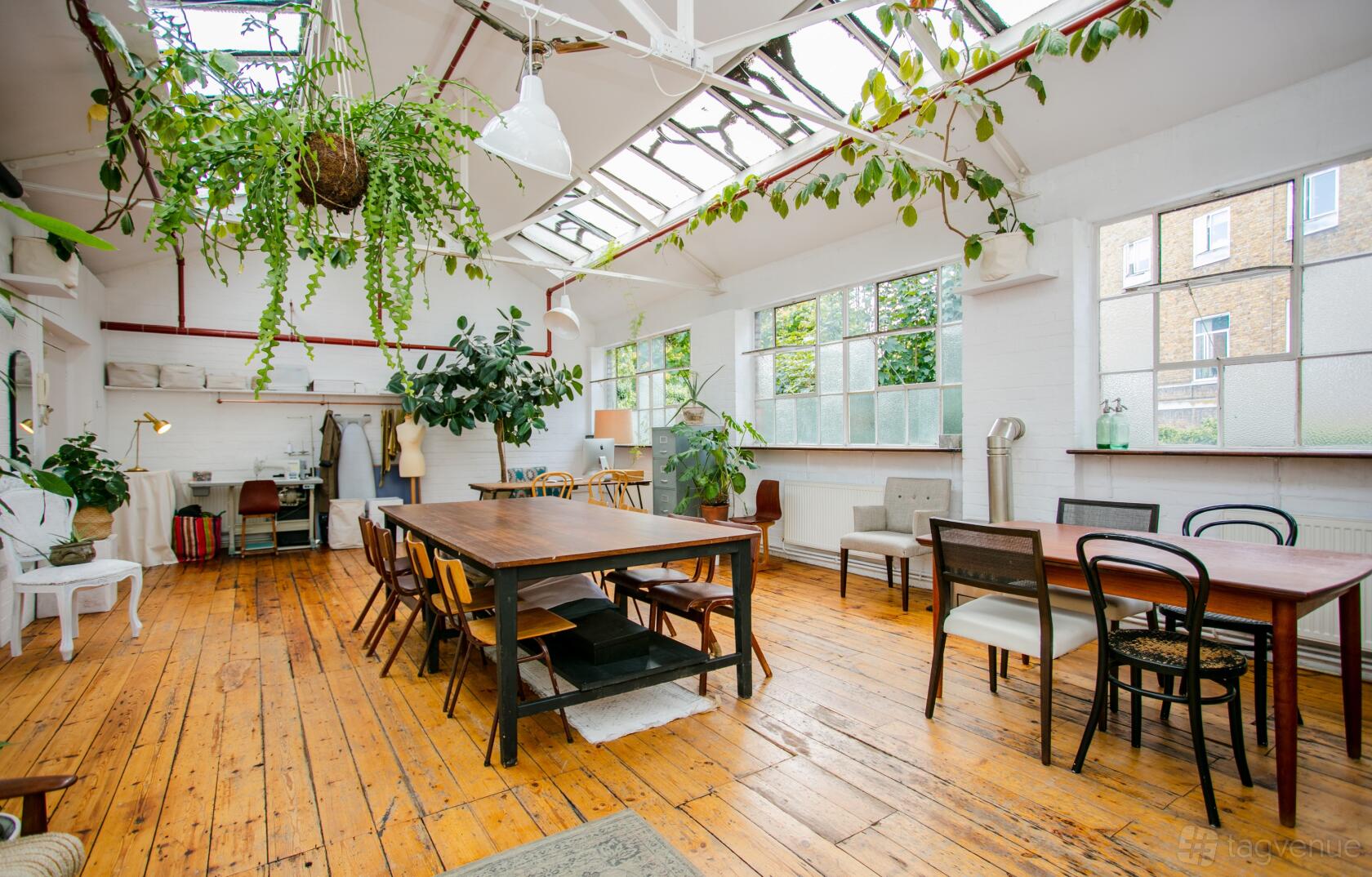 An event venue with skylights, hanging plants, wooden floors, and long communal tables at Cocina Studio.