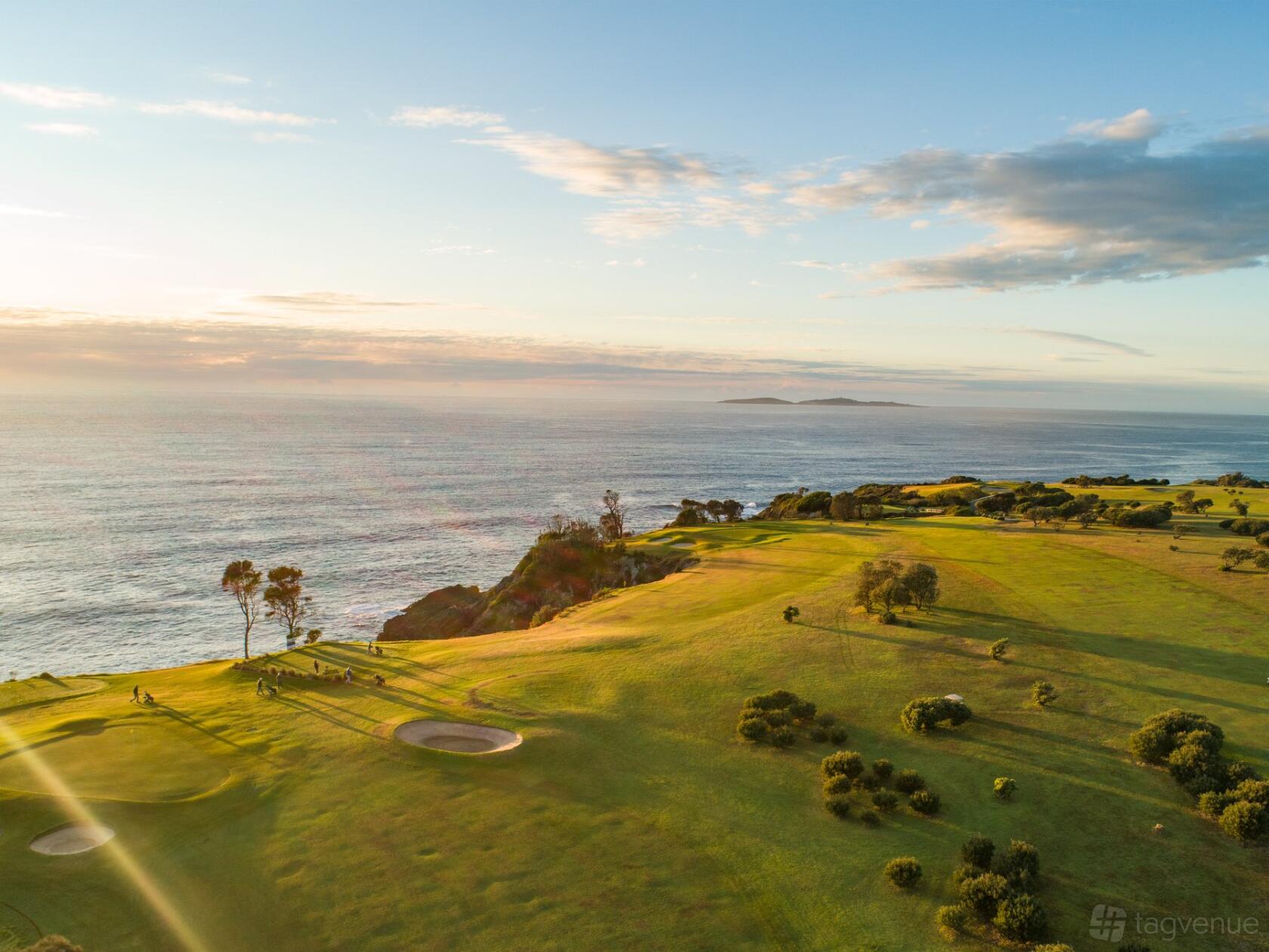 An outdoor space with a grassy headland overlooking the ocean and scattered trees at Narooma Golf Club.