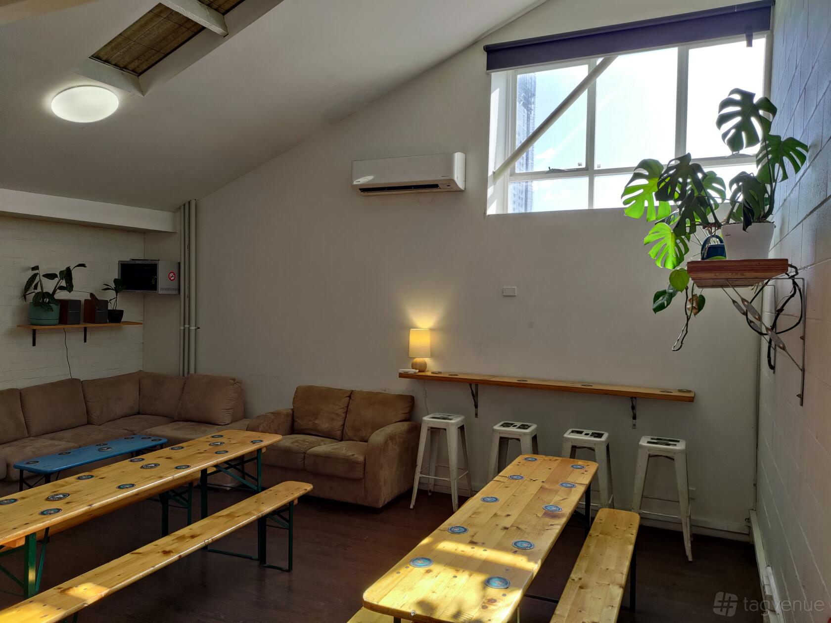 A bar with wooden benches, a beige sectional sofa, potted plants, and natural light at Westside Ale Works.