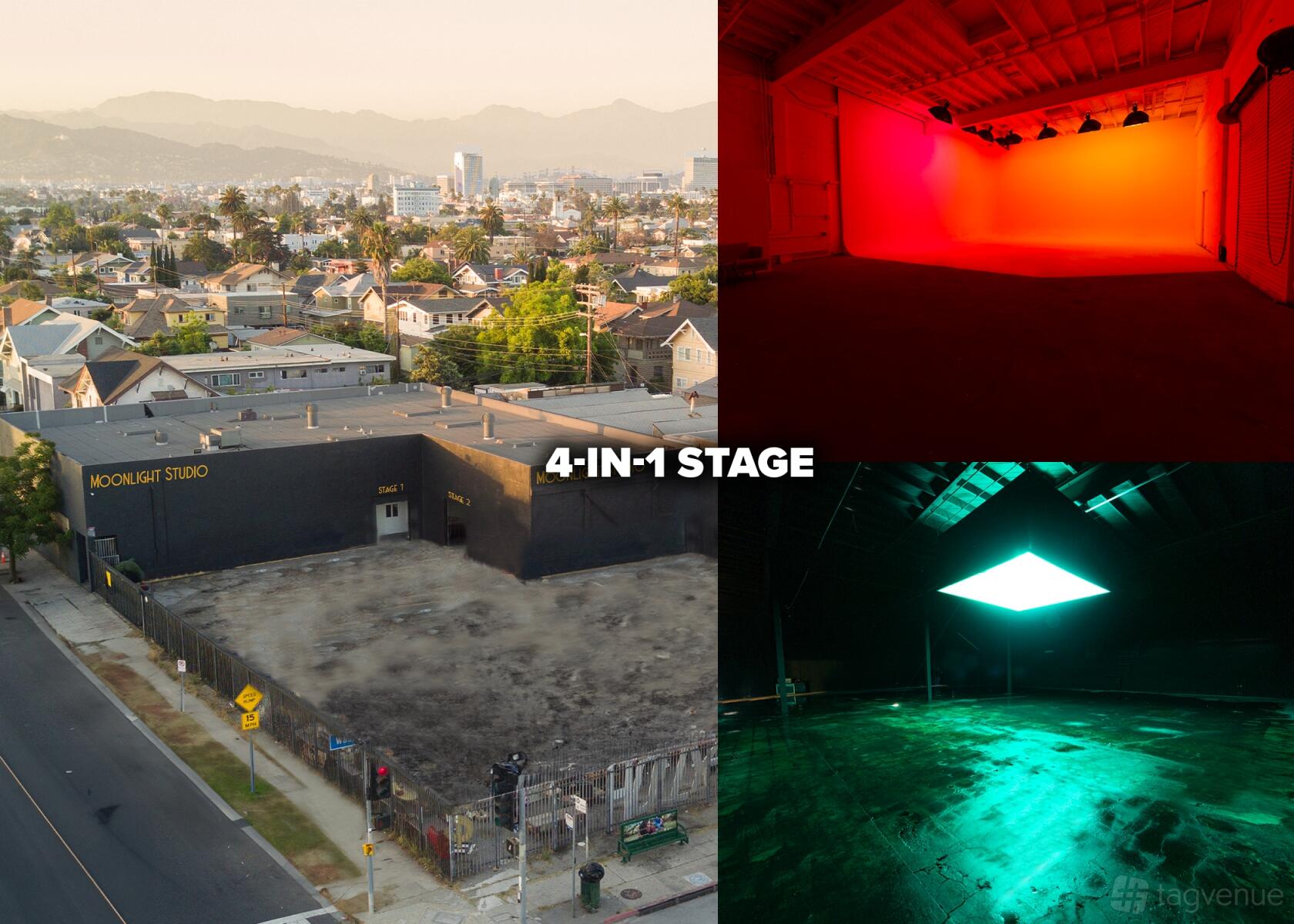 A photo studio warehouse with a matte black exterior, gated lot, and mountain views at Moonlight Studio + Rentals LA.
