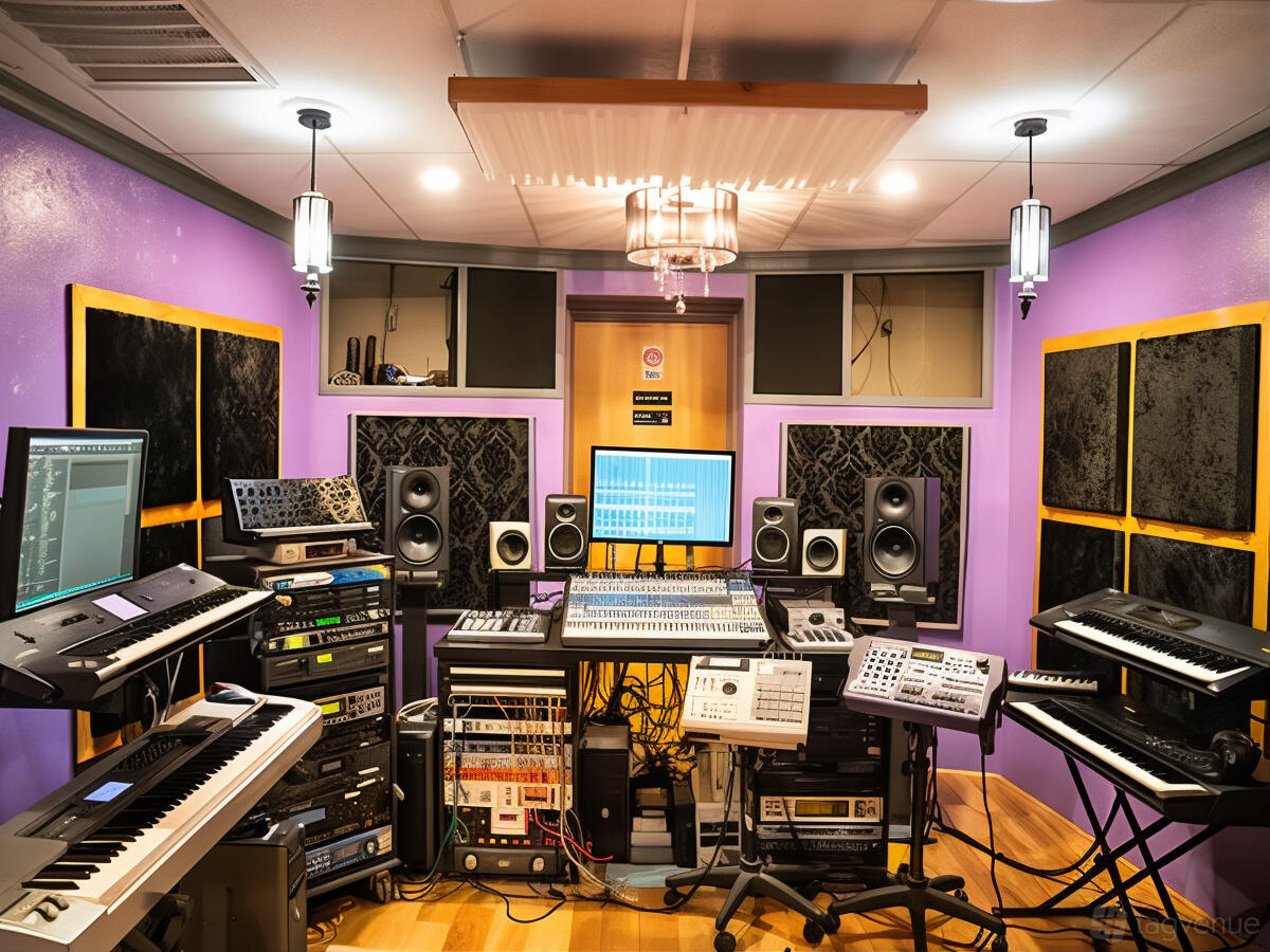 A recording studio with soundproofed walls, multiple keyboards, mixing consoles, and studio monitors at II Elite Media Group.