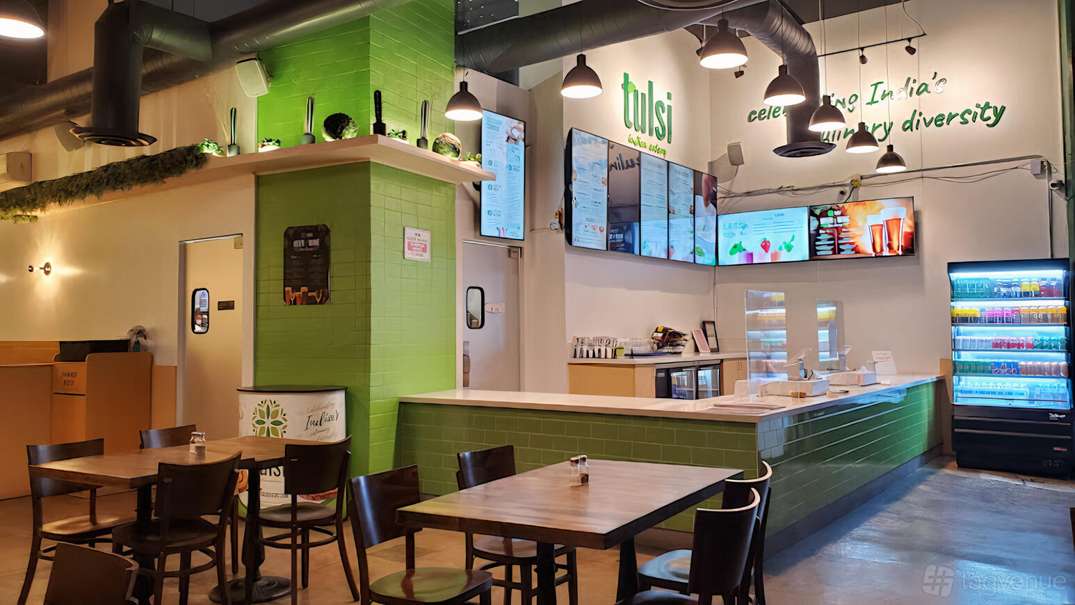A restaurant with green tiled counters, wooden tables, and digital menu displays at Tulsi Indian Eatery (DTLA).
