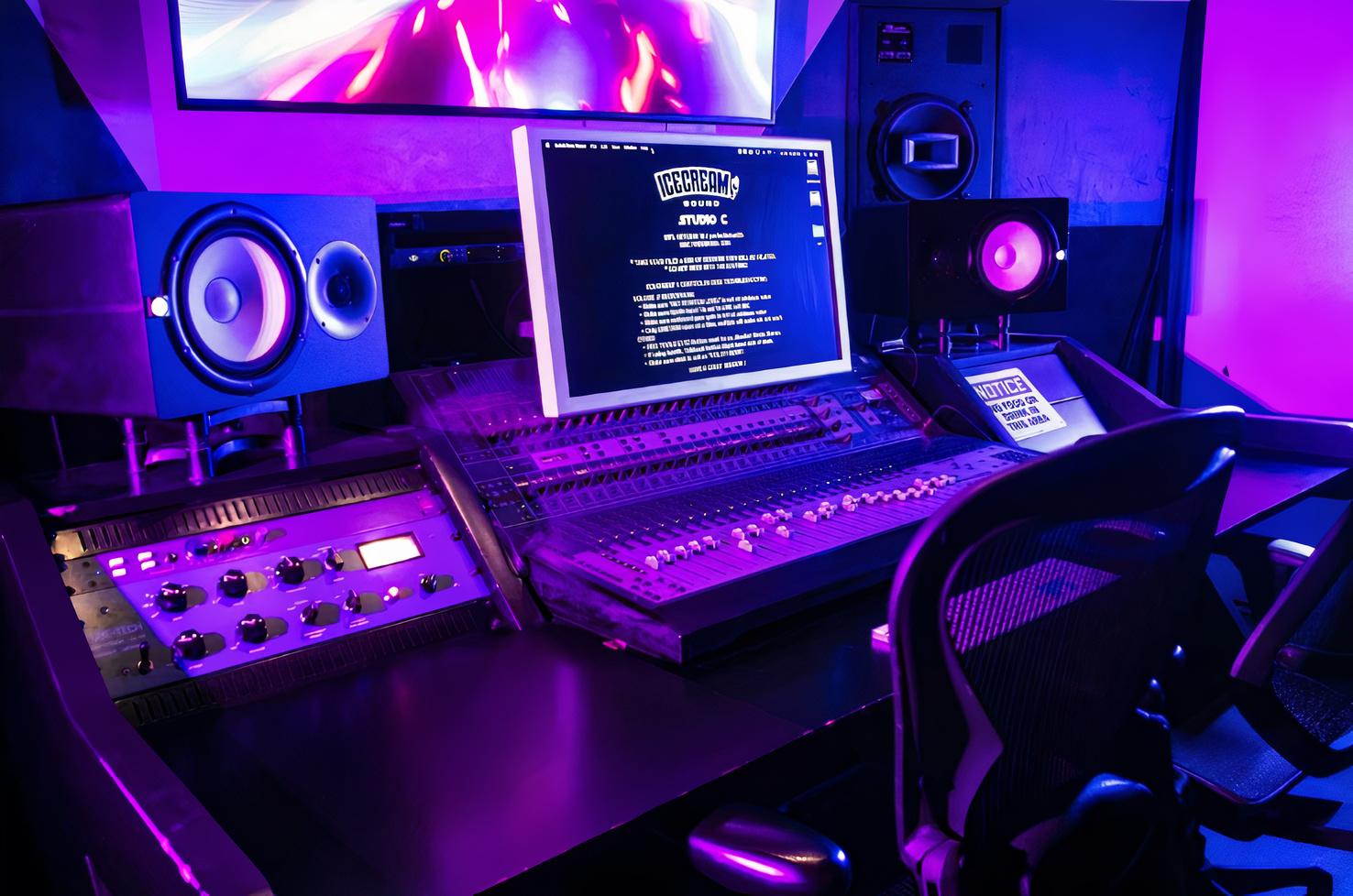 A recording studio with purple LED lighting, mixing console, studio monitors, and a large screen at Ice Cream Sound Studios.