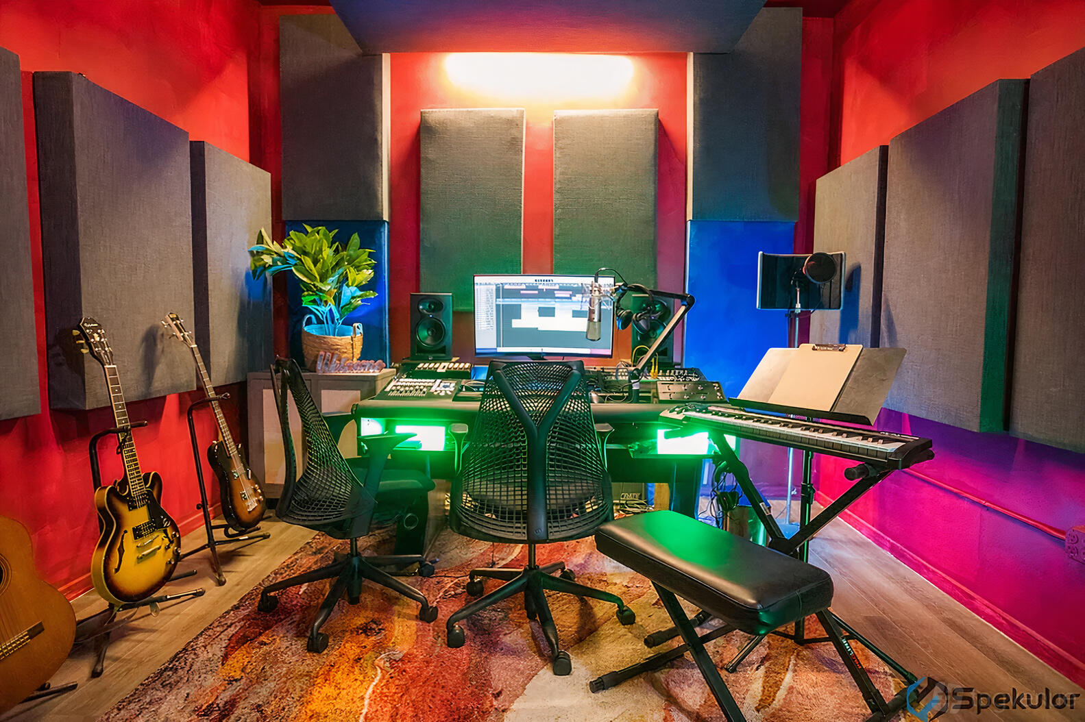 A recording room with acoustic panels, electronic keyboard, guitars, and computer workstation at Spekulor Cameras & Production.