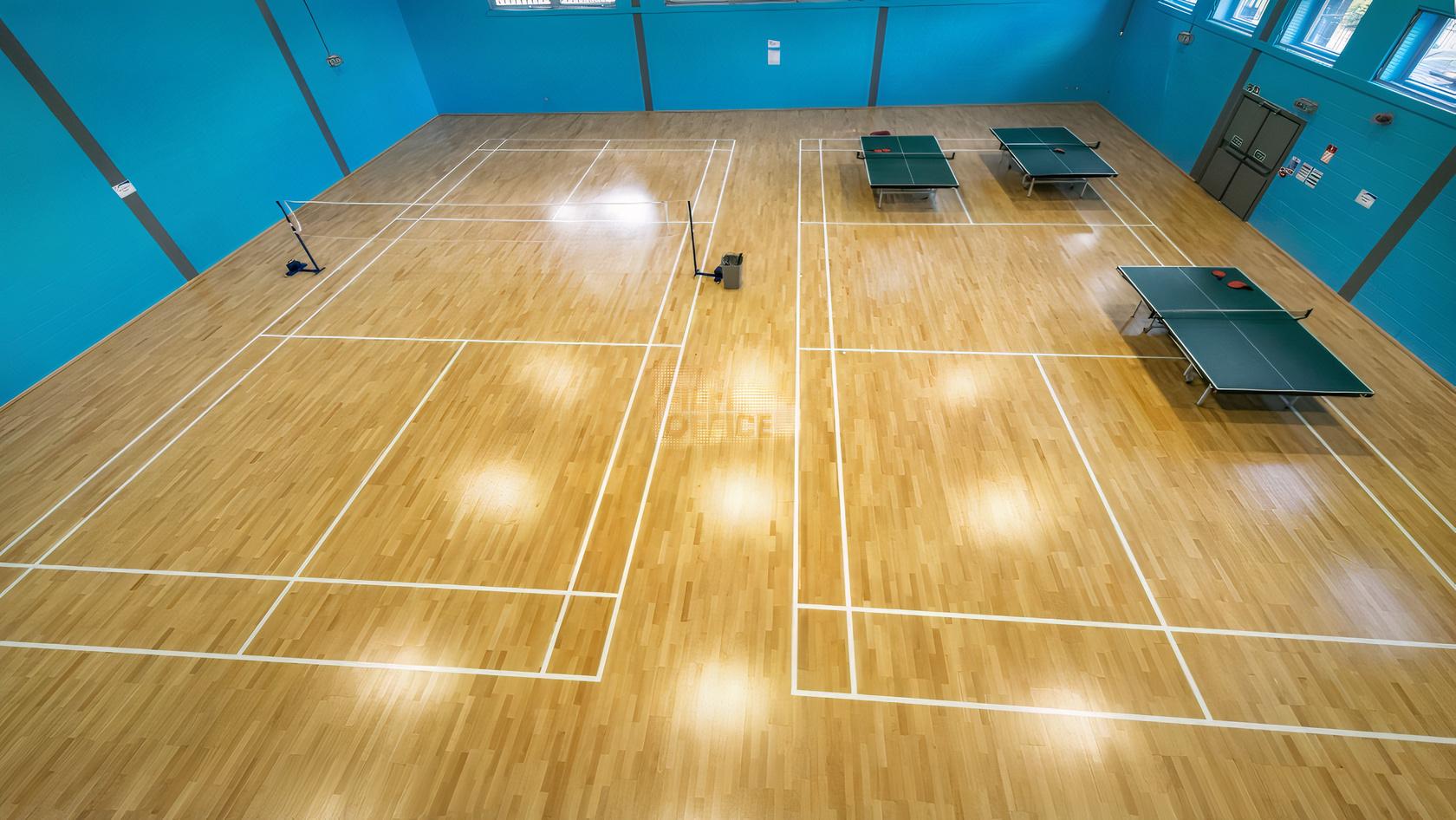 A sports hall with wooden flooring, marked badminton courts, and table tennis tables at Haileybury Sports and Events Centre.