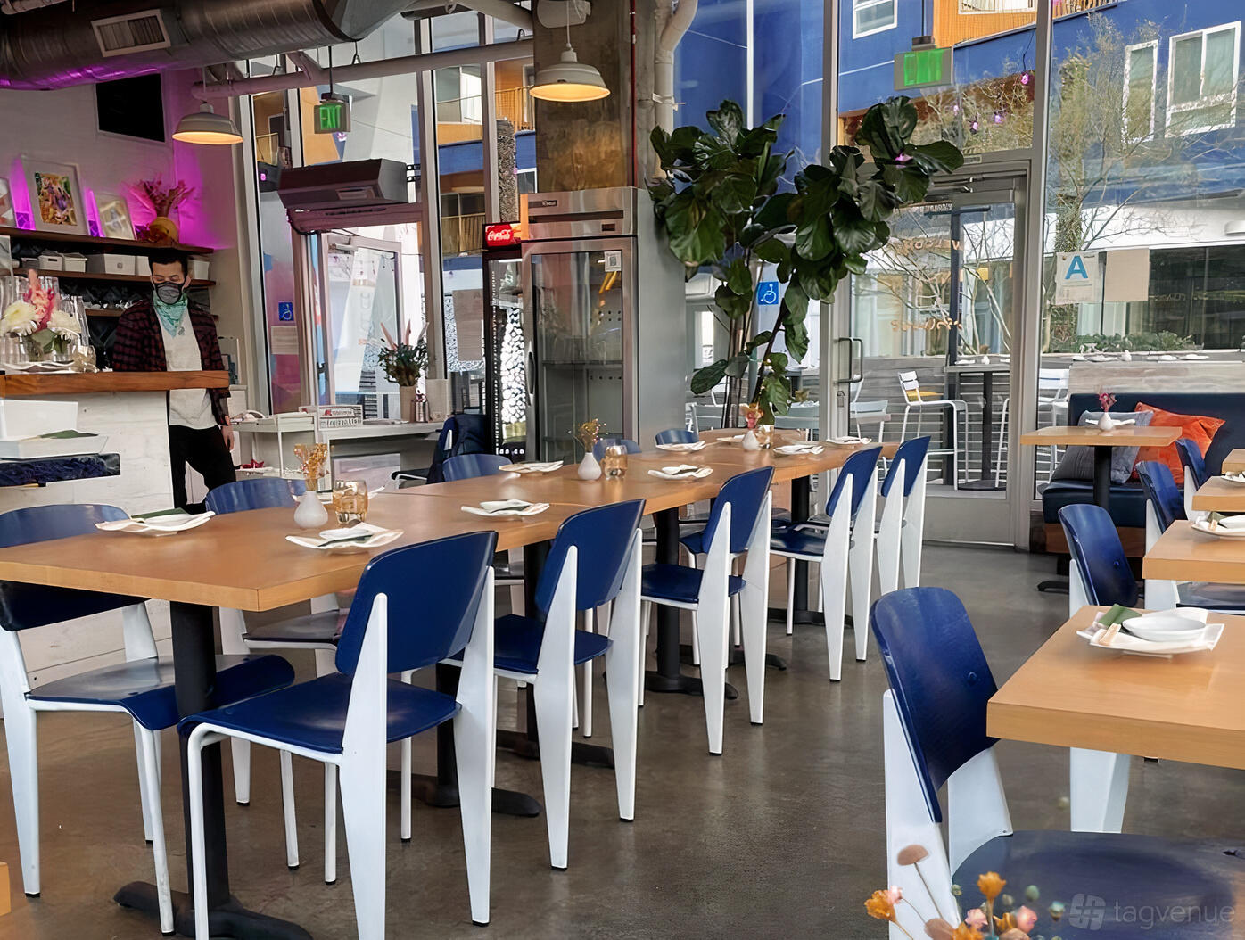 A restaurant with wooden tables, blue and white chairs, large windows, and potted plants at Kombu Sushi Arts District.
