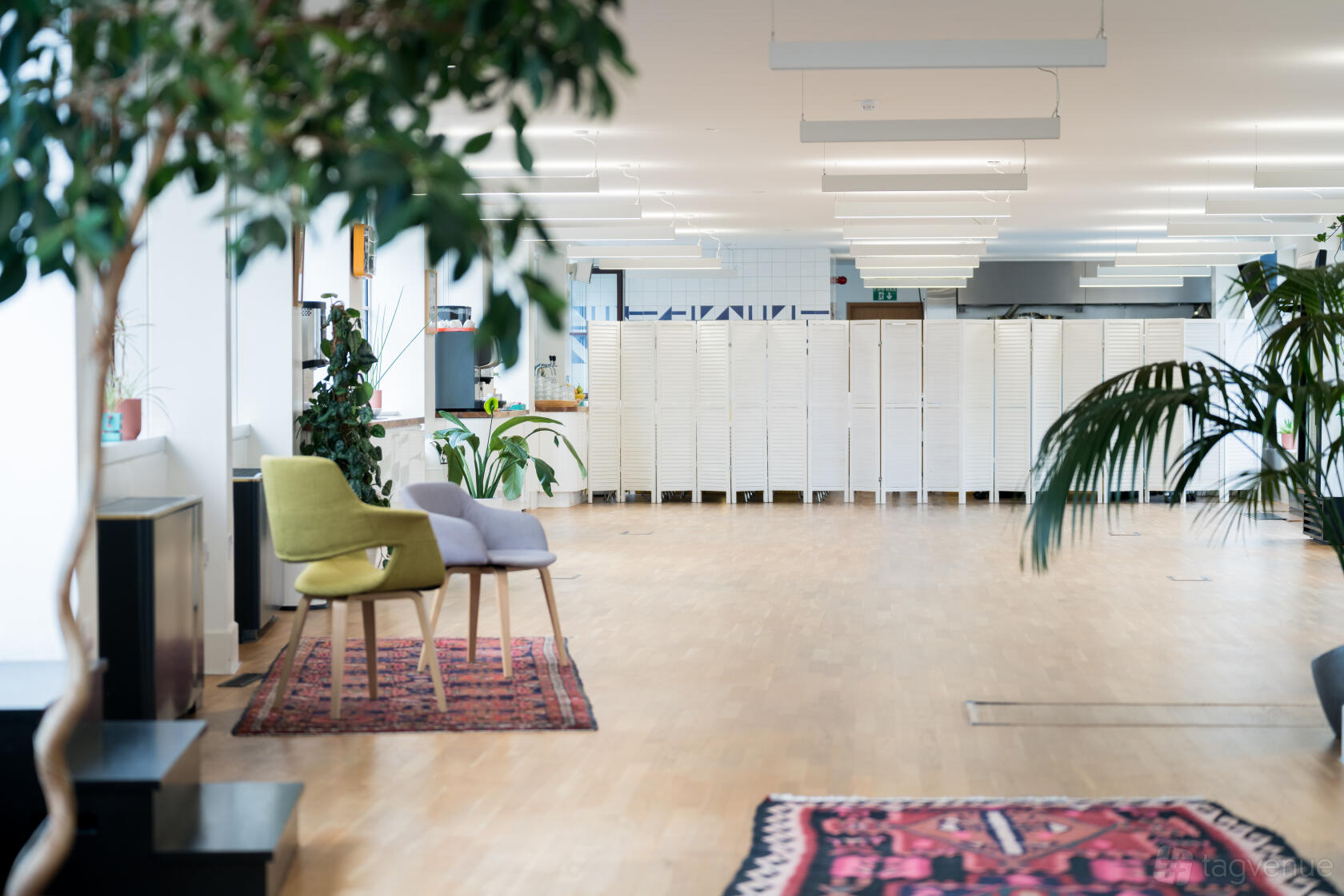 An event space with wooden flooring, potted plants, lounge chairs, and patterned rugs at Wallacespace Spitalfields.