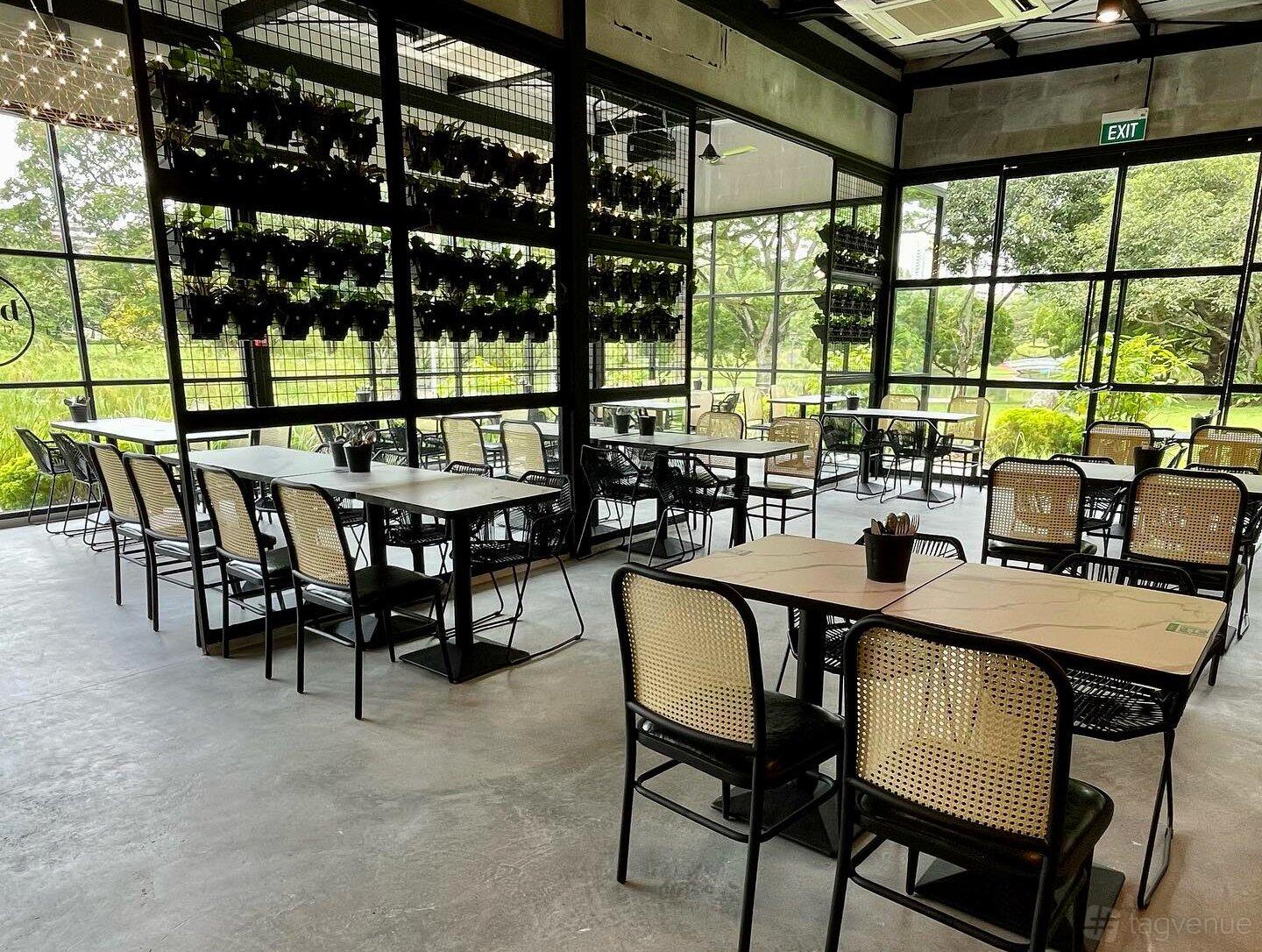 A restaurant with floor-to-ceiling windows, hanging potted plants, and cane-backed chairs at Burp Kitchen & Bar - Bishan Park.