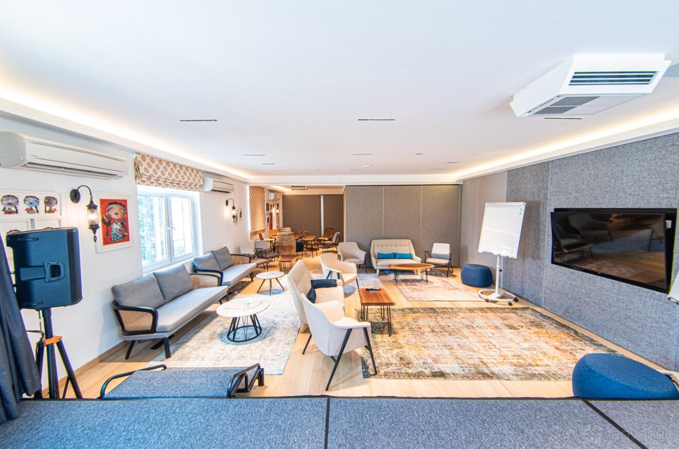 A meeting room with lounge seating, a large wall-mounted screen, floor-to-ceiling windows, and a flip chart at Arpanam.
