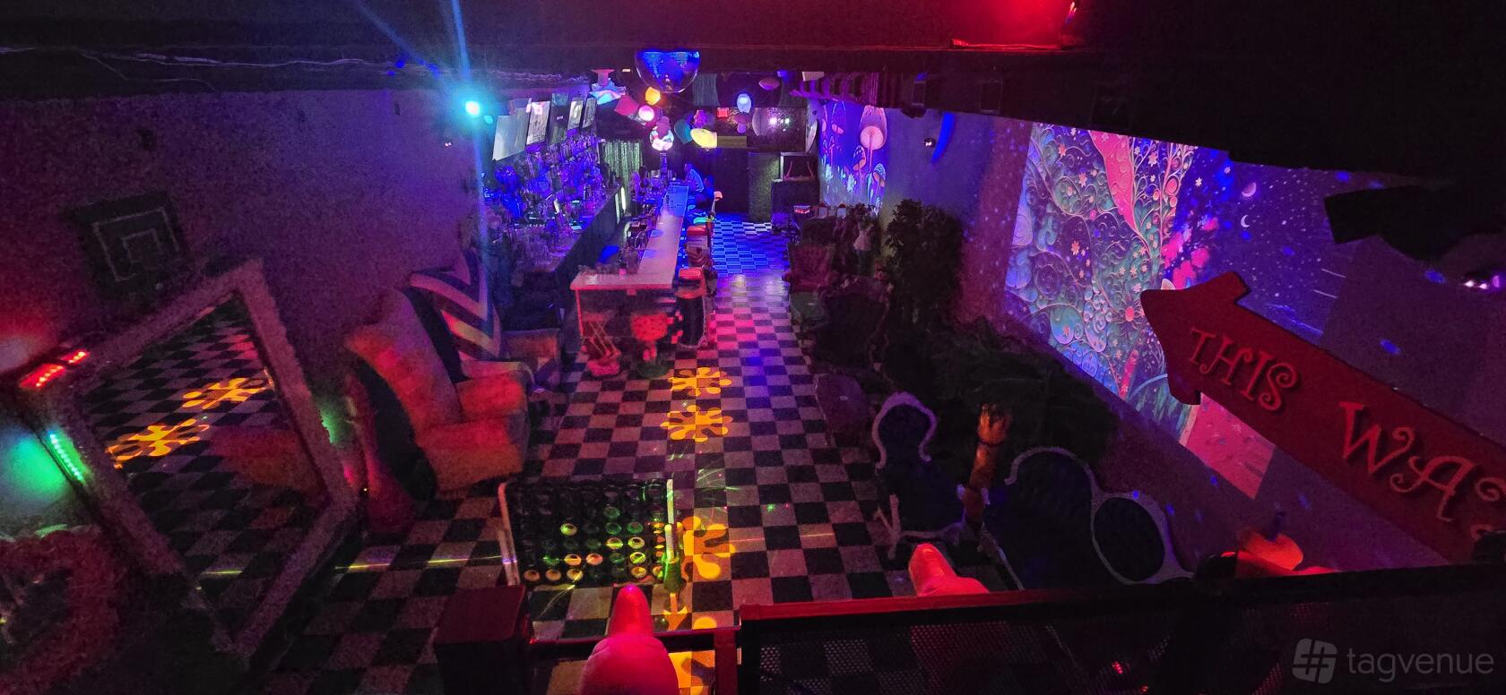A filming location at a bar with black-and-white checkered floors, neon lighting, and whimsical Alice in Wonderland decor at Grown and Sexy Dive Bar!